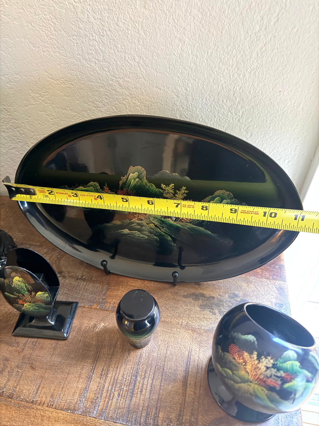 Chinese Black Lacquerware Set 7pc Fuzhou Shanshui Landscape Vase Tray Bowl Hand-Painted Export Decor 1960s–1980s