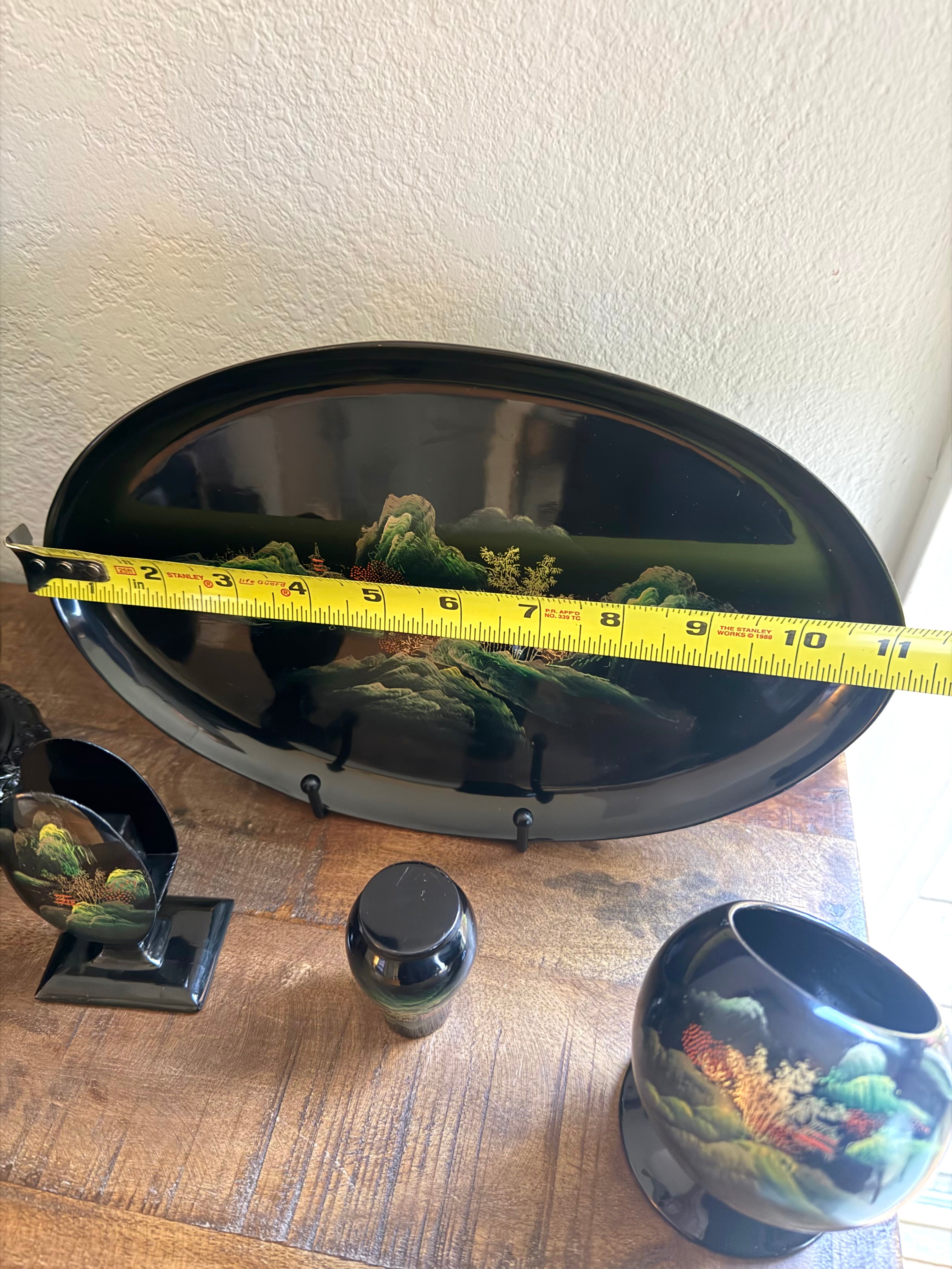 Chinese Black Lacquerware Set 7pc Fuzhou Shanshui Landscape Vase Tray Bowl Hand-Painted Export Decor 1960s–1980s