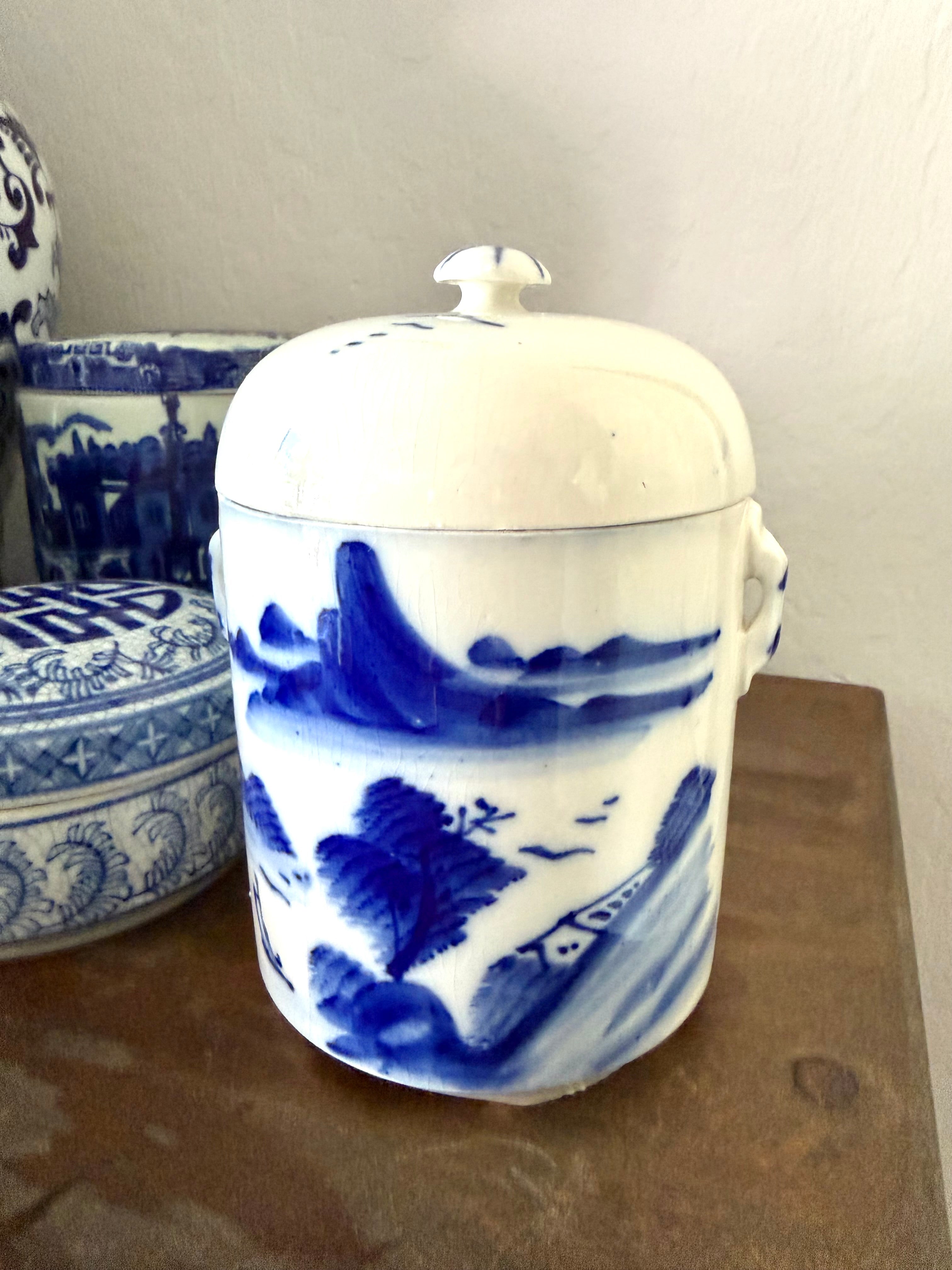 Chinese Blue & White Ceramic Tea Caddy with Landscape Scene & Inner Lid Vintage
