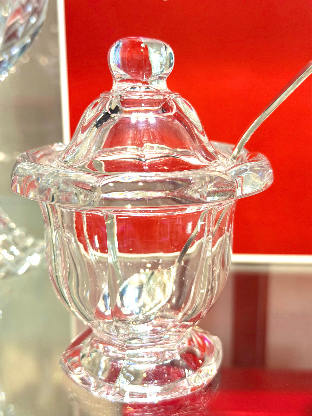 French Crystal Mustard Jar with Spoon Attributed to Baccarat Elegant Condiment Pot