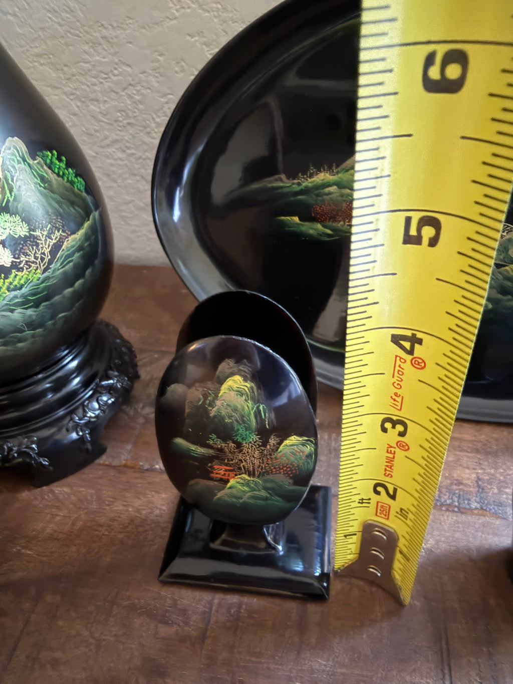 Chinese Black Lacquerware Set 7pc Fuzhou Shanshui Landscape Vase Tray Bowl Hand-Painted Export Decor 1960s–1980s