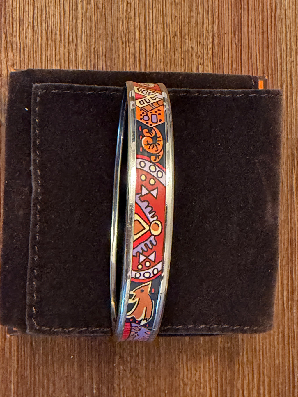 Hermès Enamel Bangle Bracelet Multicolor Equestrian Print Palladium Tone