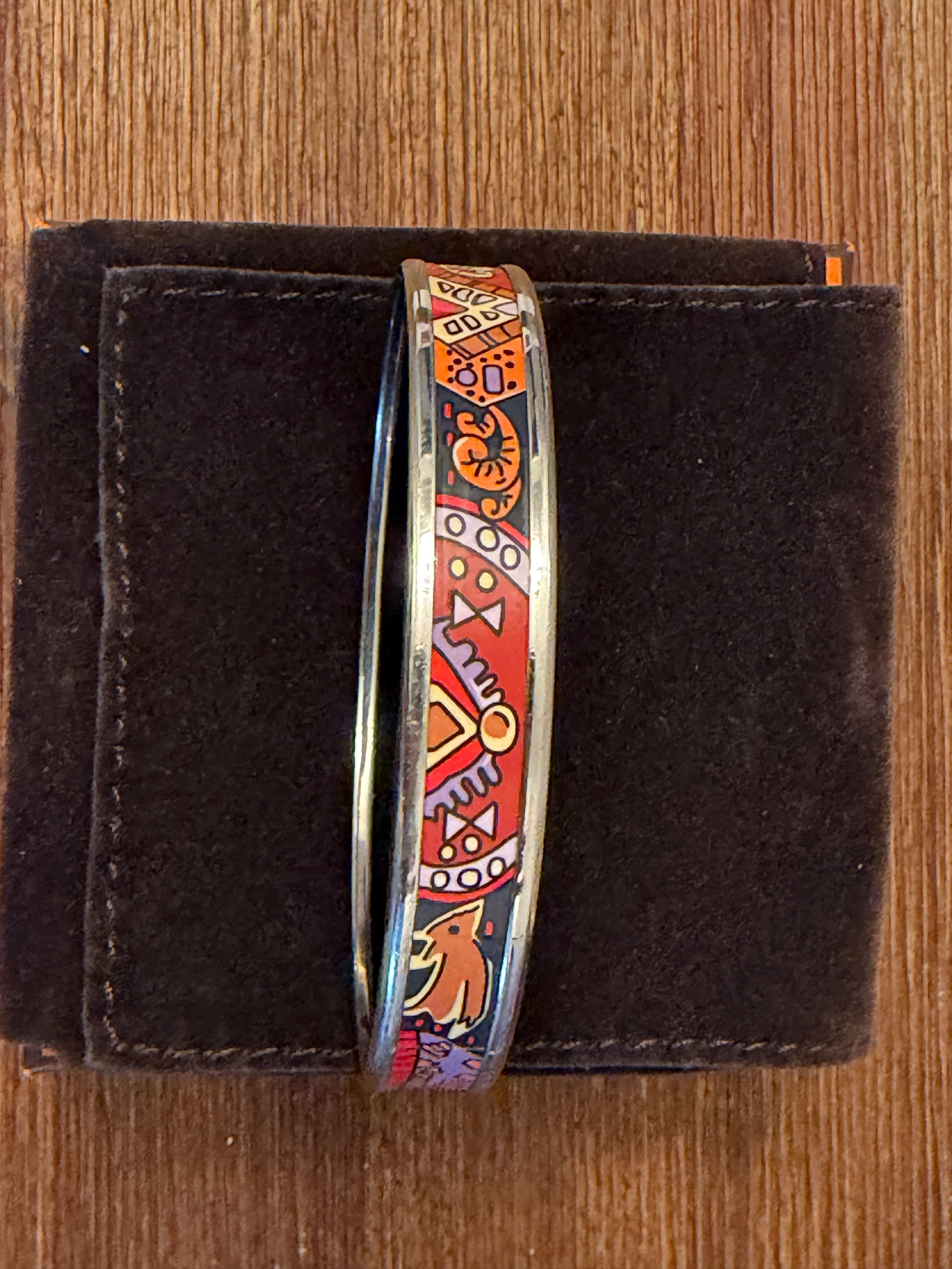 Hermès Enamel Bangle Bracelet Multicolor Equestrian Print Palladium Tone