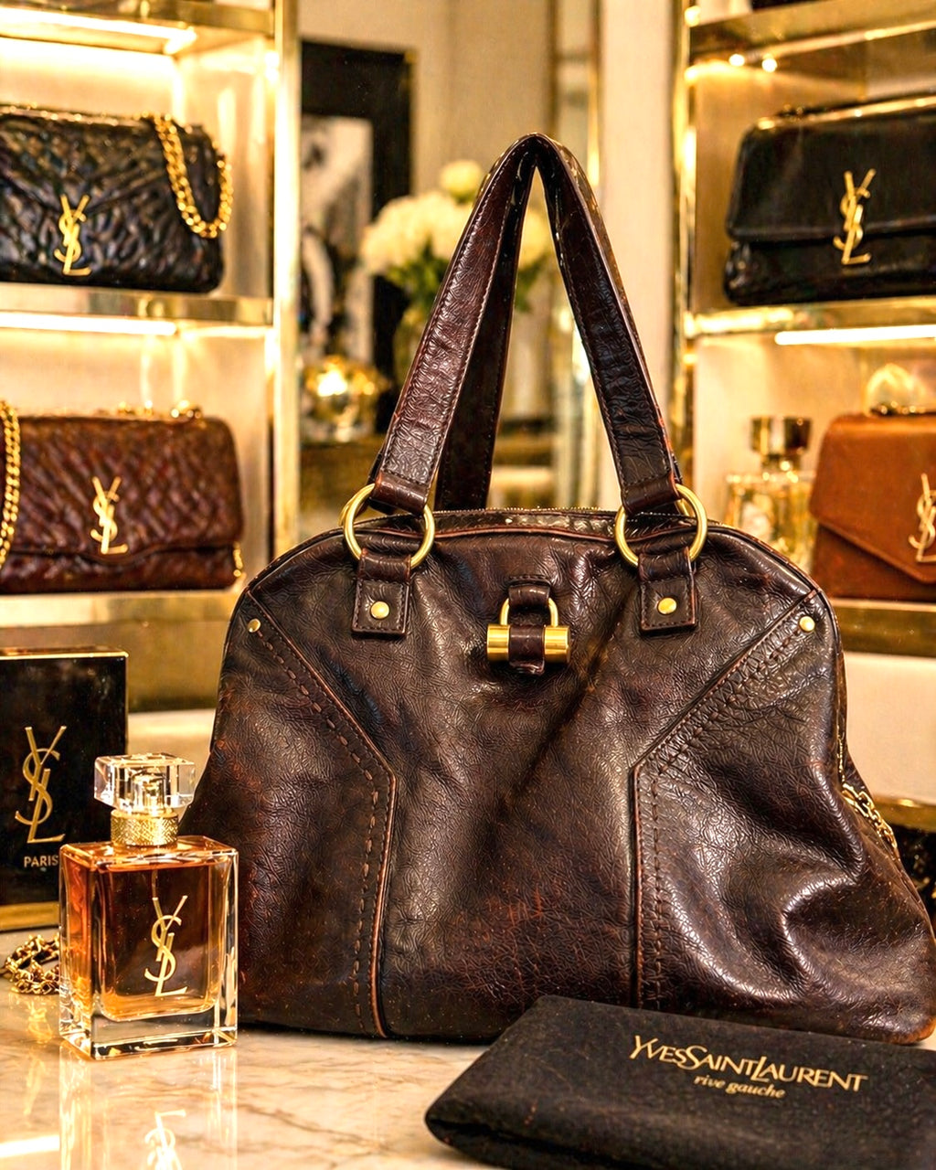 Authentic Yves Saint Laurent YSL Muse Leather Tote Bag Brown Gold Hardware Rive Gauche