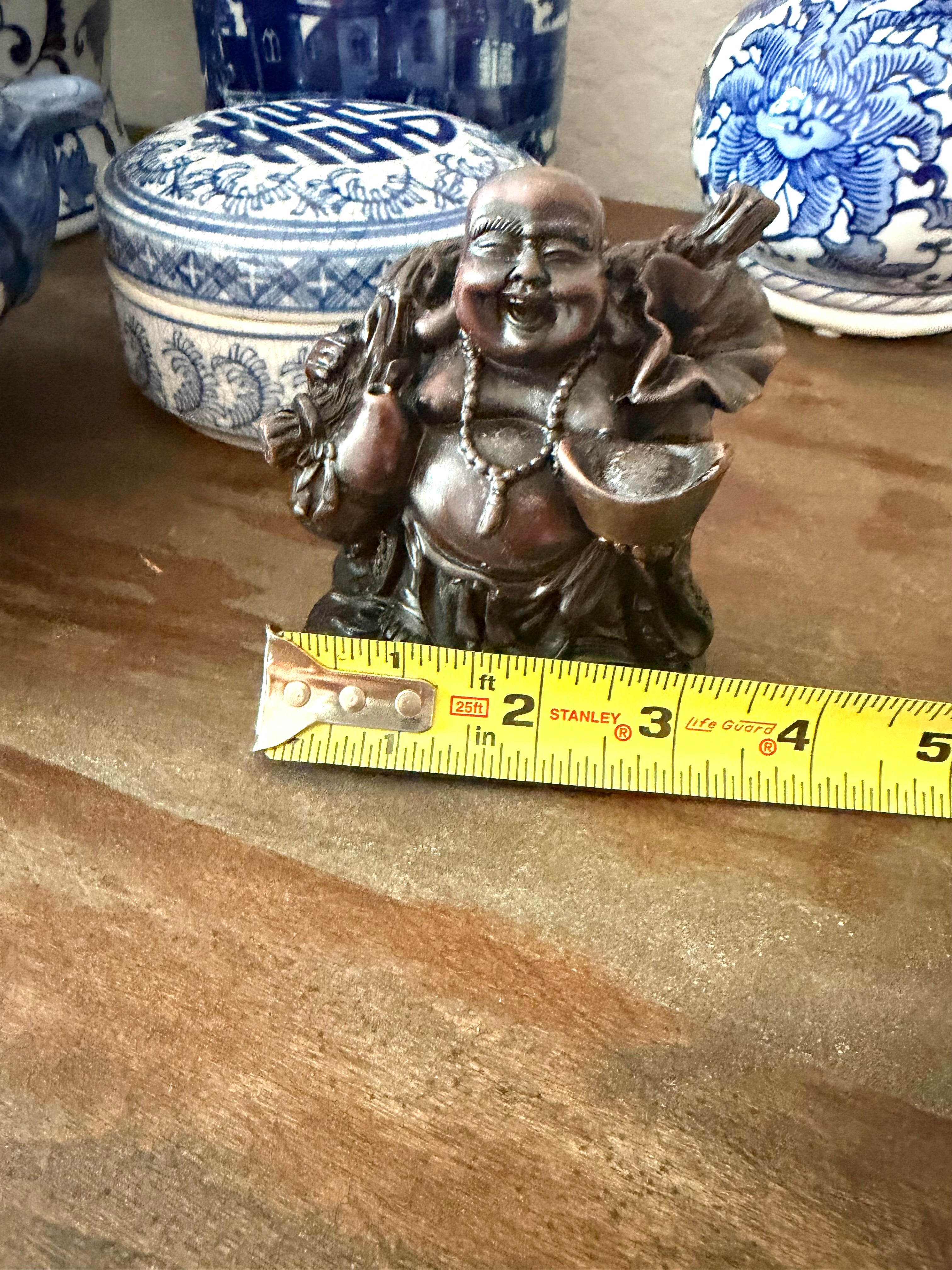 Happy Buddha Figurine Dark Wood Resin Carved Laughing Buddha Good Luck Feng Shui Vintage