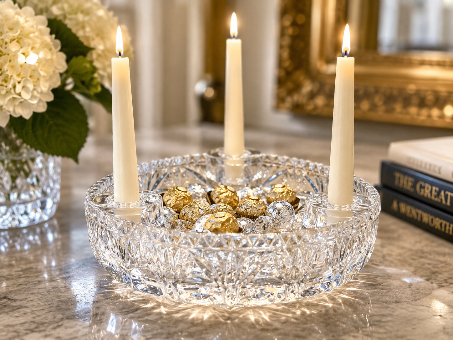 Heavy Crystal 3 Taper Candle Holder Bowl Centerpiece Elegant Cut Glass Decor Vintage