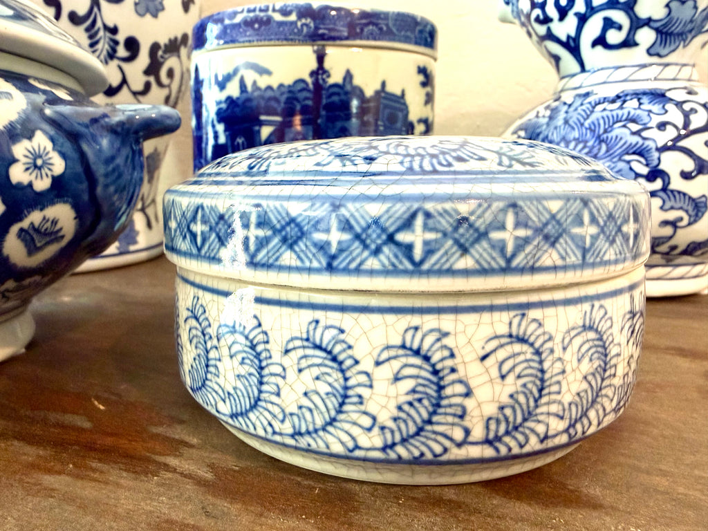 Blue White Chinoiserie Trinket Box Crackle Glaze Porcelain Keepsake Box Asian Longevity Symbol Decor