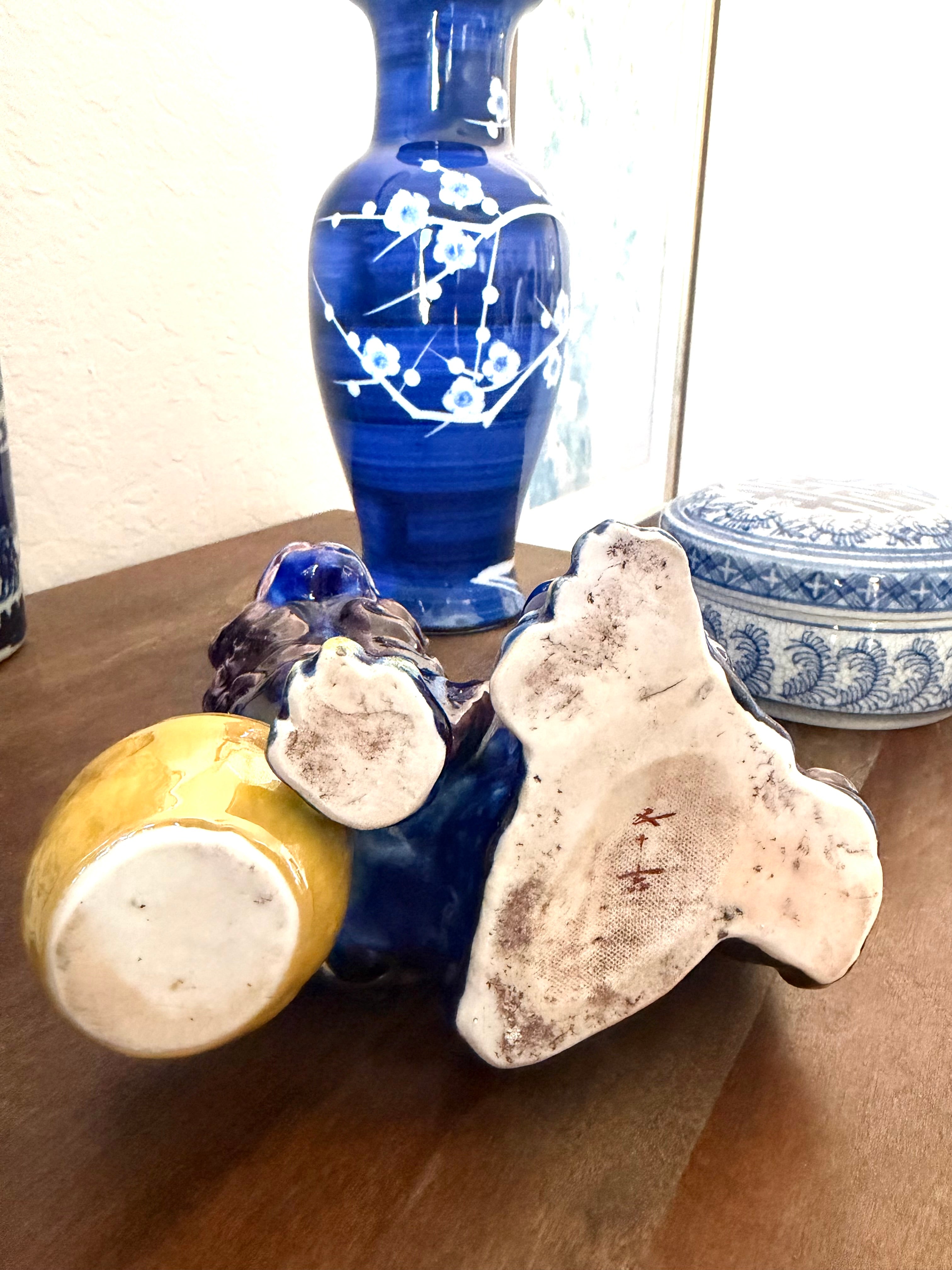 Chinese Foo Dog Guardian Lion Figurine Blue Flambe Glaze Ceramic Statue Lucky Orb Vintage