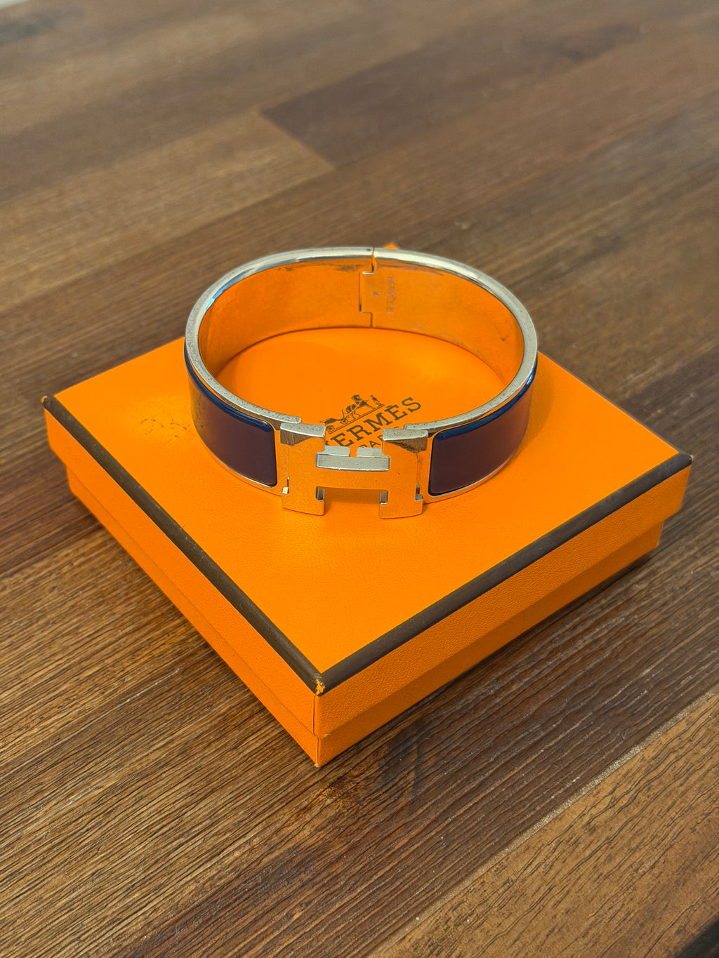 Hermès Clic Clac H Bracelet Blue Enamel Palladium Plated PM Bangle