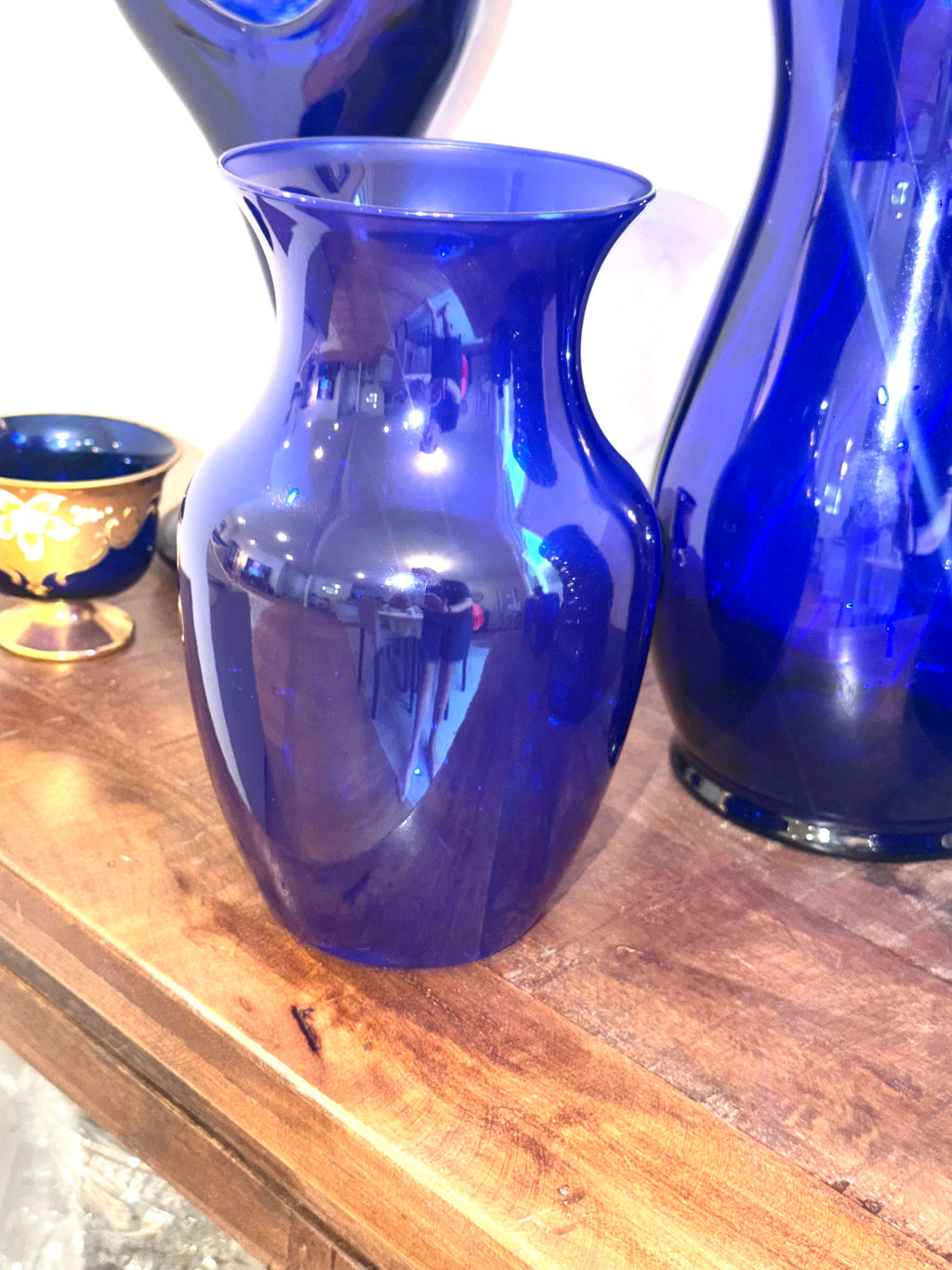 Cobalt Blue Art Glass Vase Hand Blown Bristol Blue MCM 9” Tall Vintage
