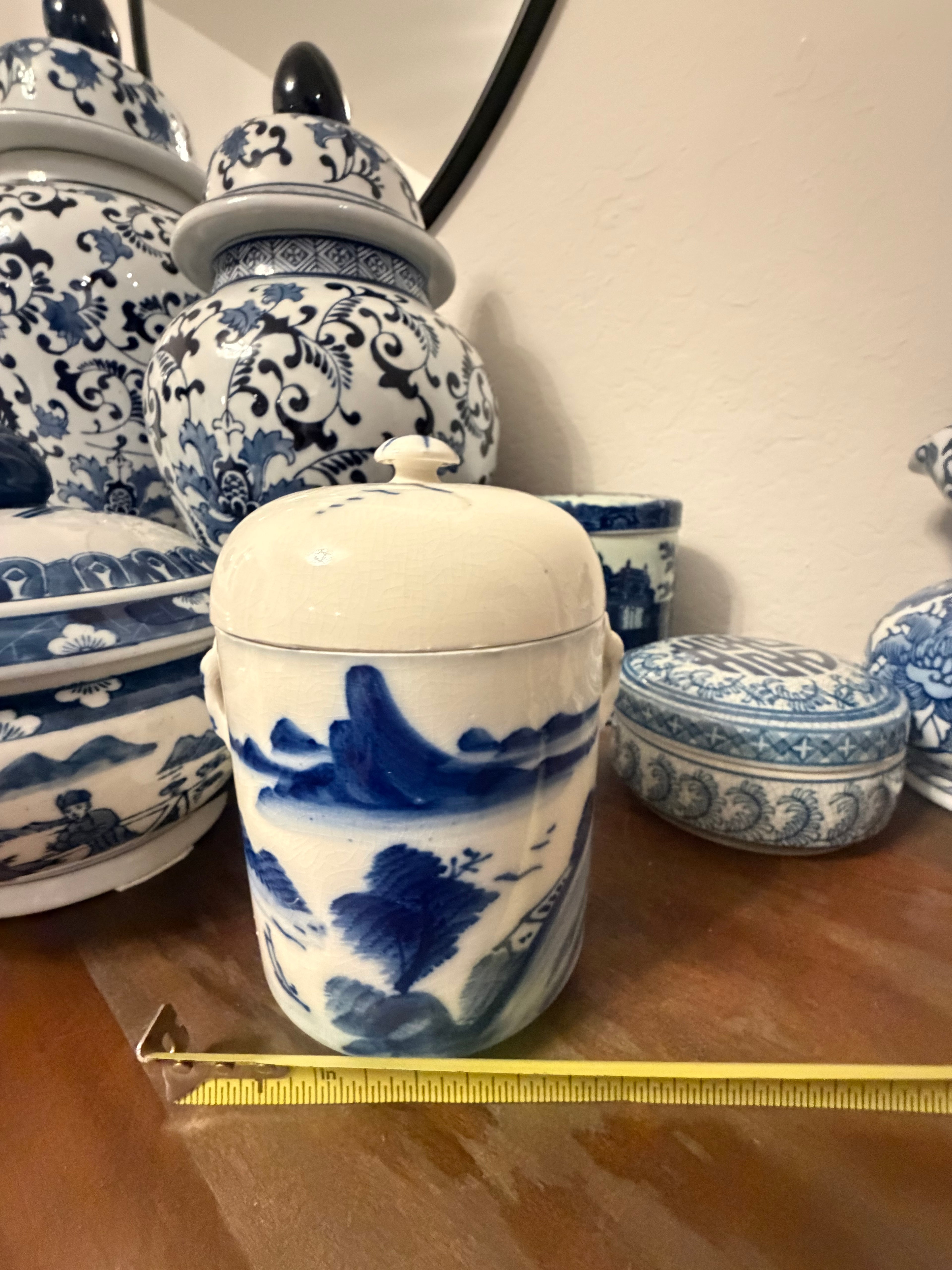 Chinese Blue & White Ceramic Tea Caddy with Landscape Scene & Inner Lid Vintage