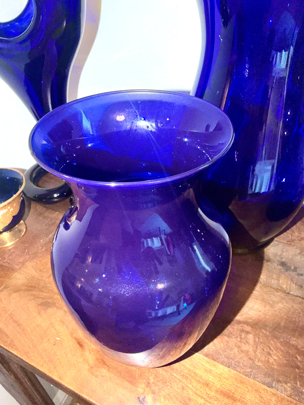 Cobalt Blue Art Glass Vase Hand Blown Bristol Blue MCM 9” Tall Vintage