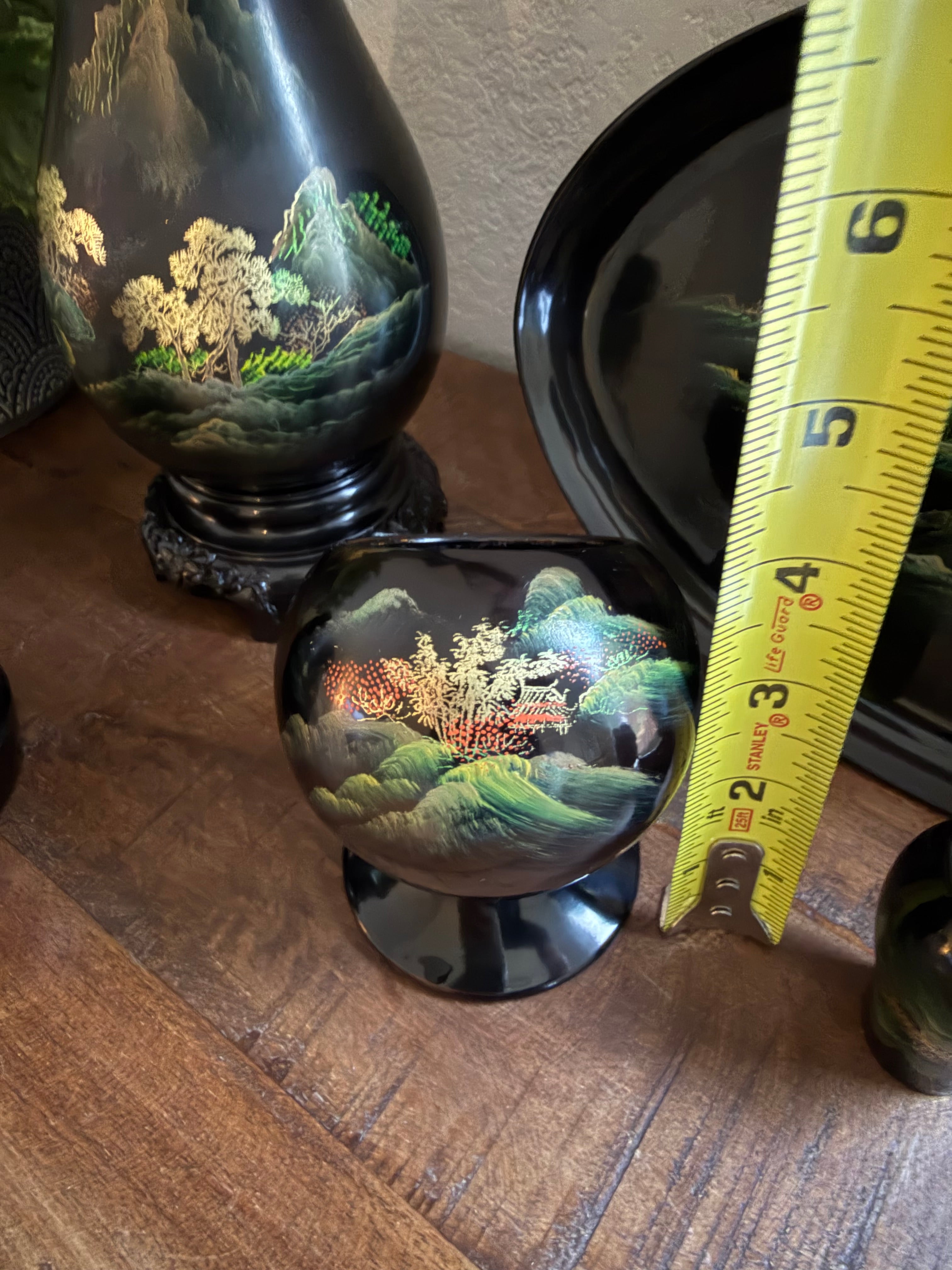 Chinese Black Lacquerware Set 7pc Fuzhou Shanshui Landscape Vase Tray Bowl Hand-Painted Export Decor 1960s–1980s