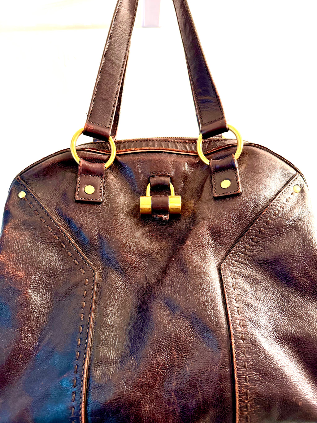 Authentic Yves Saint Laurent YSL Muse Leather Tote Bag Brown Gold Hardware Rive Gauche