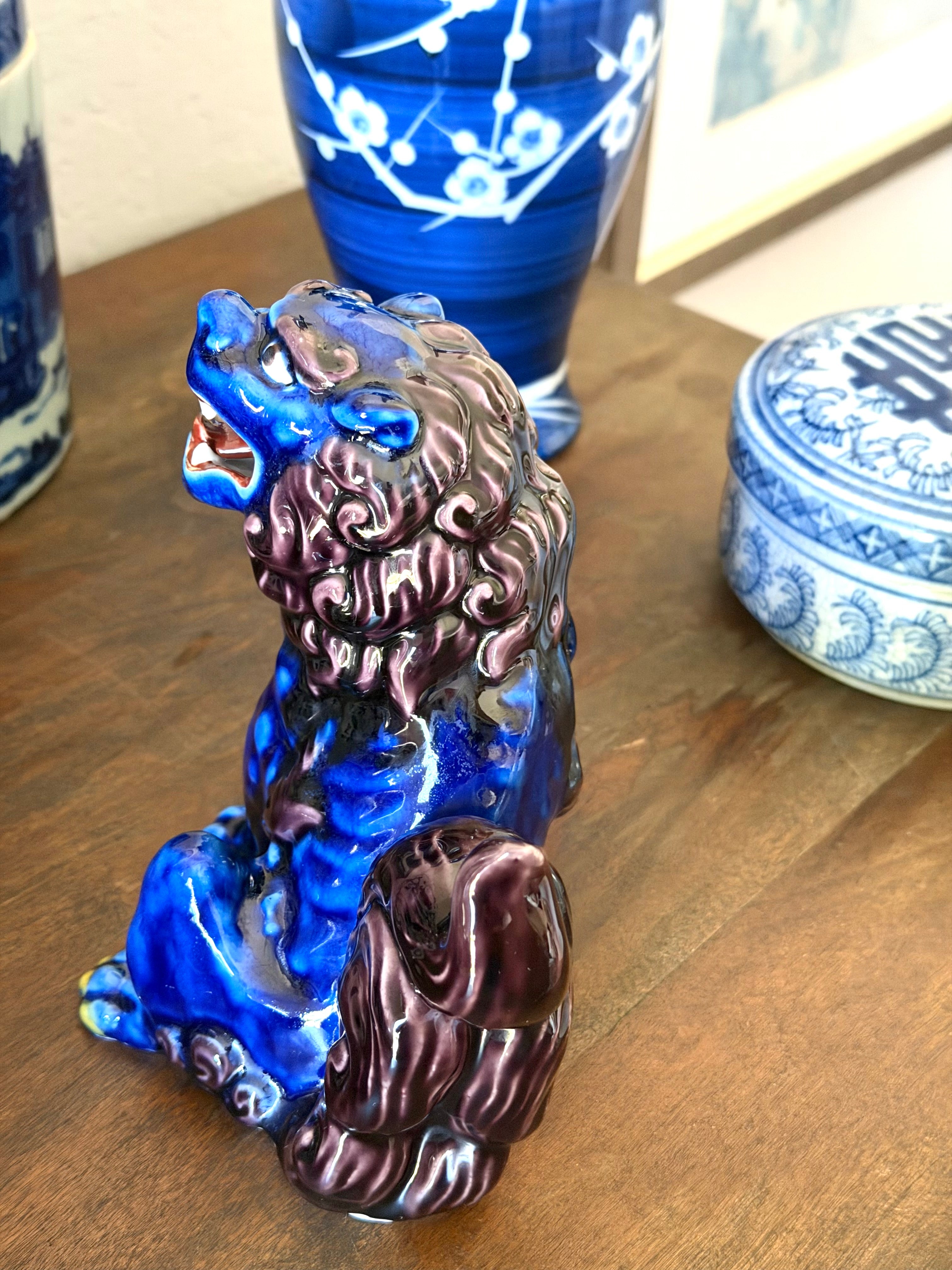 Chinese Foo Dog Guardian Lion Figurine Blue Flambe Glaze Ceramic Statue Lucky Orb Vintage