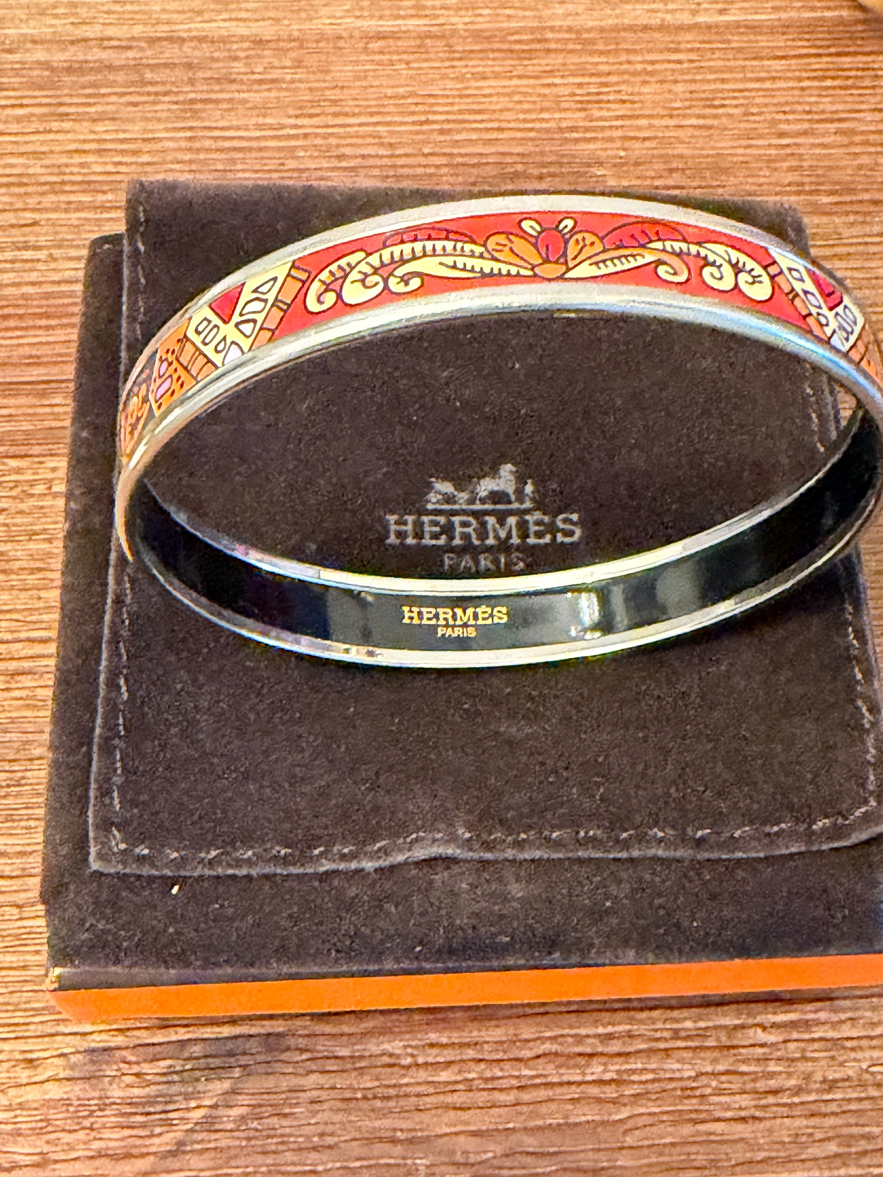 Hermès Enamel Bangle Bracelet Multicolor Equestrian Print Palladium Tone