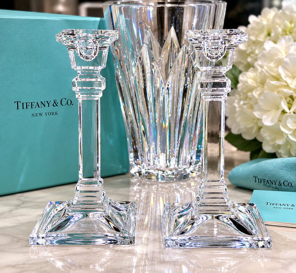 Tiffany & Co. Crystal Candlesticks – Pair | Architectural Art Deco Design
