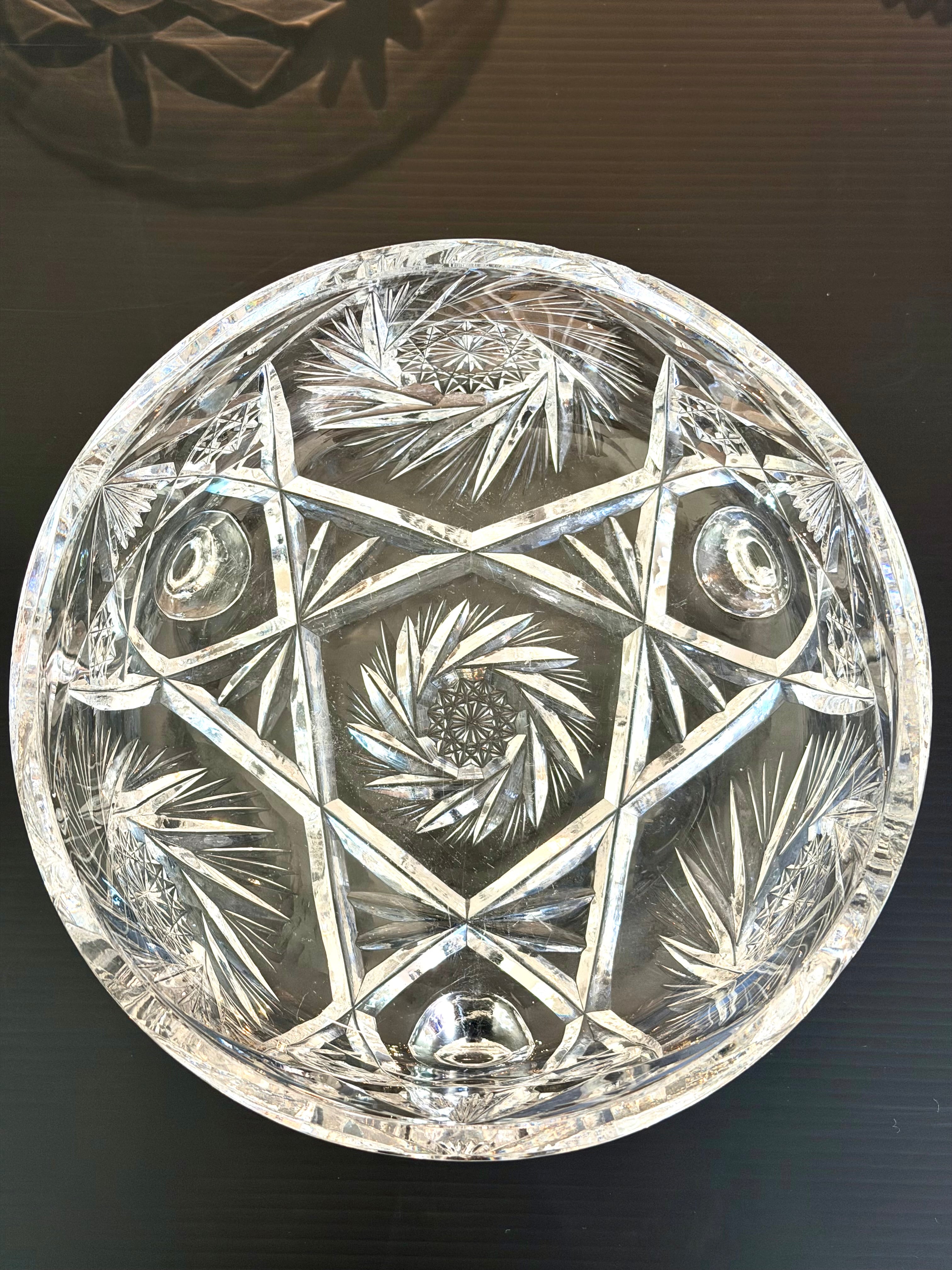 Heavy Cut Crystal Footed Bowl Starburst Centerpiece Elegant Estate Crystal Vintage