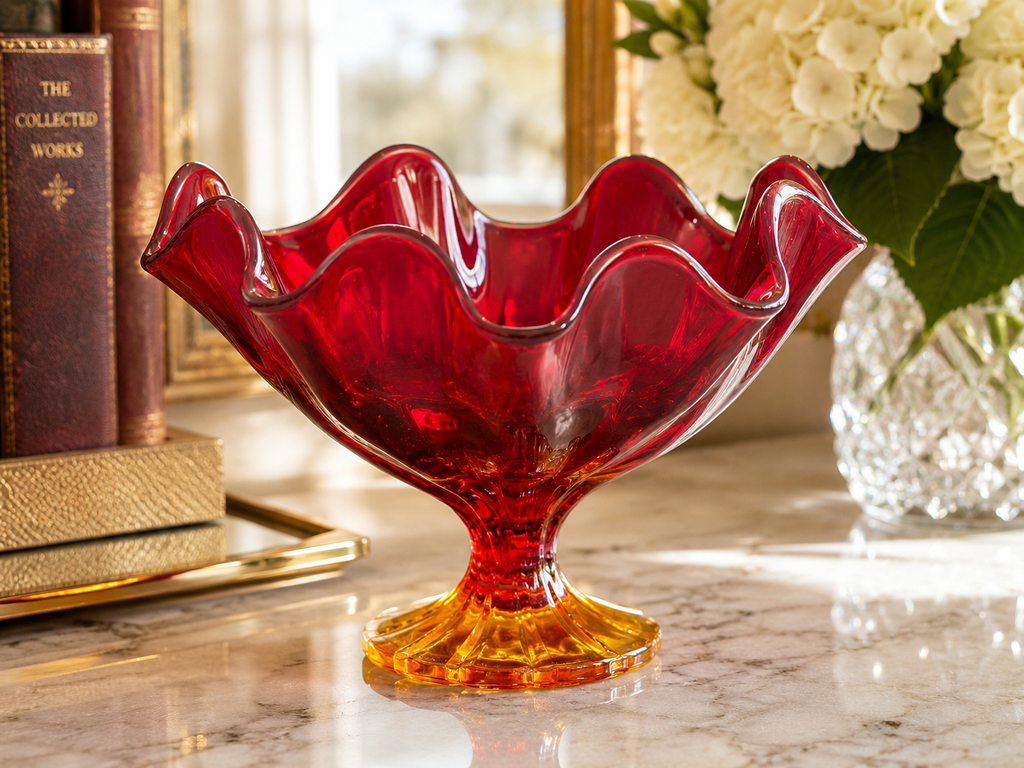 Ruby Red & Amber Art Glass Pedestal Bowl Compote Vintage