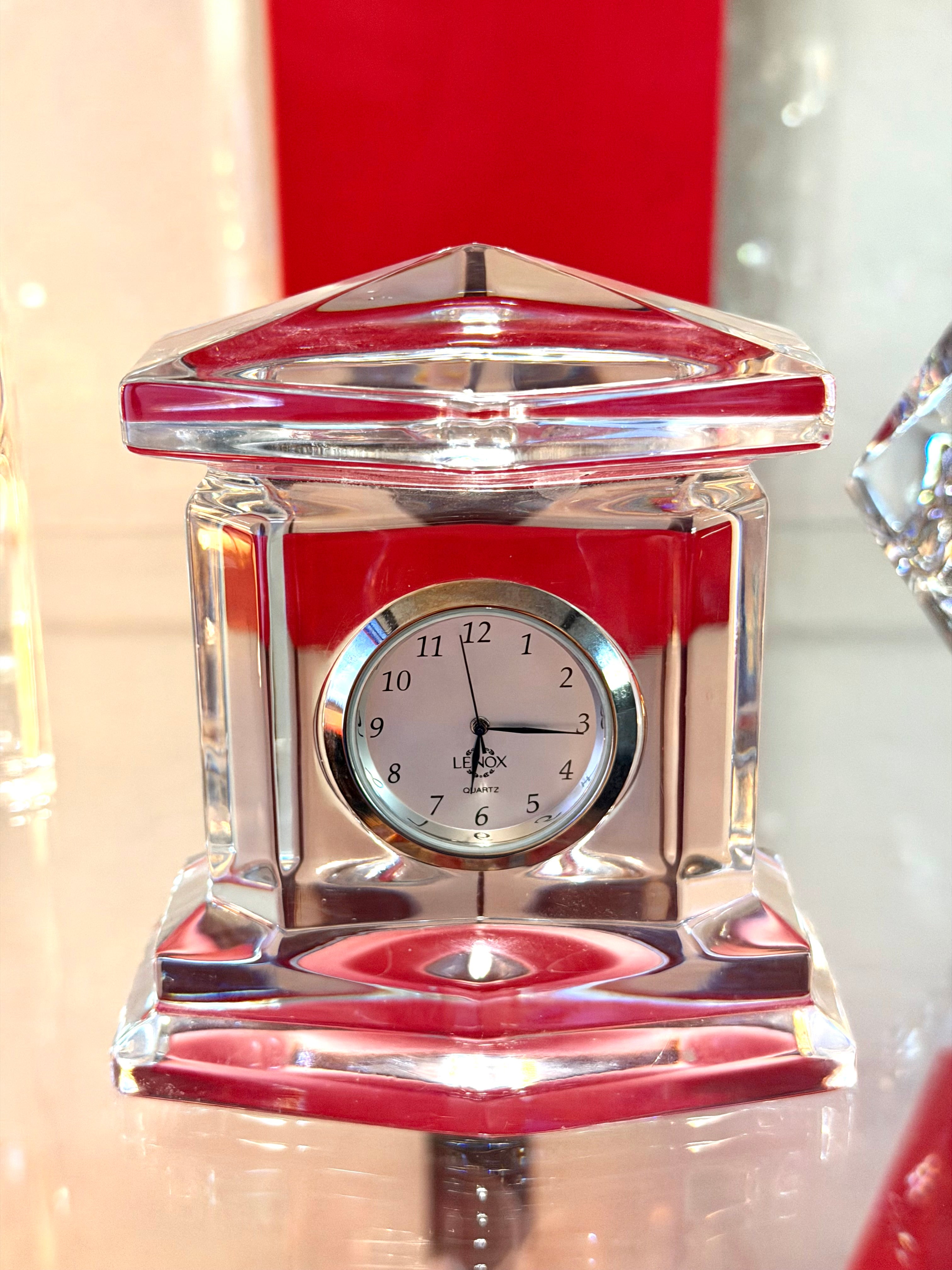 Lenox Crystal Quartz Desk Clock Geometric Clear Glass Mantel Office Decor Vintage