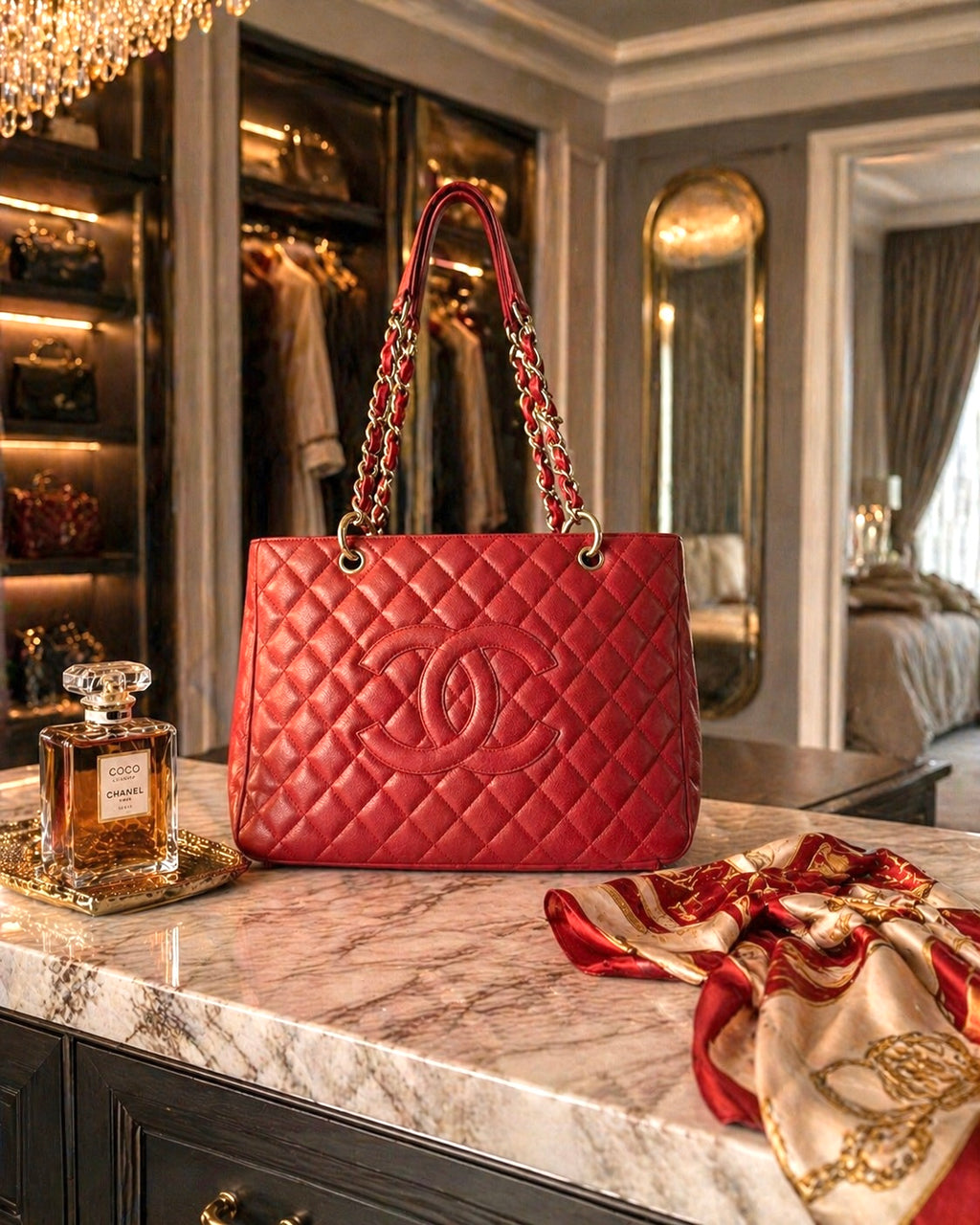 Chanel Red Quilted Caviar Leather Tote Bag with Chain Handles, Made in Italy