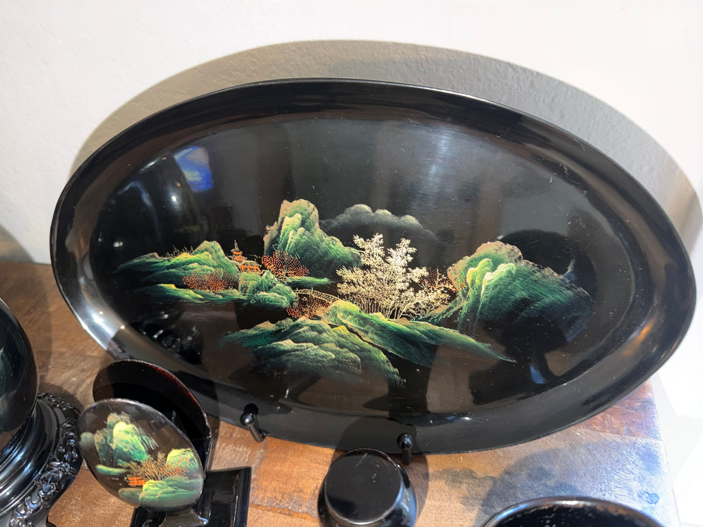 Chinese Black Lacquerware Set 7pc Fuzhou Shanshui Landscape Vase Tray Bowl Hand-Painted Export Decor 1960s–1980s
