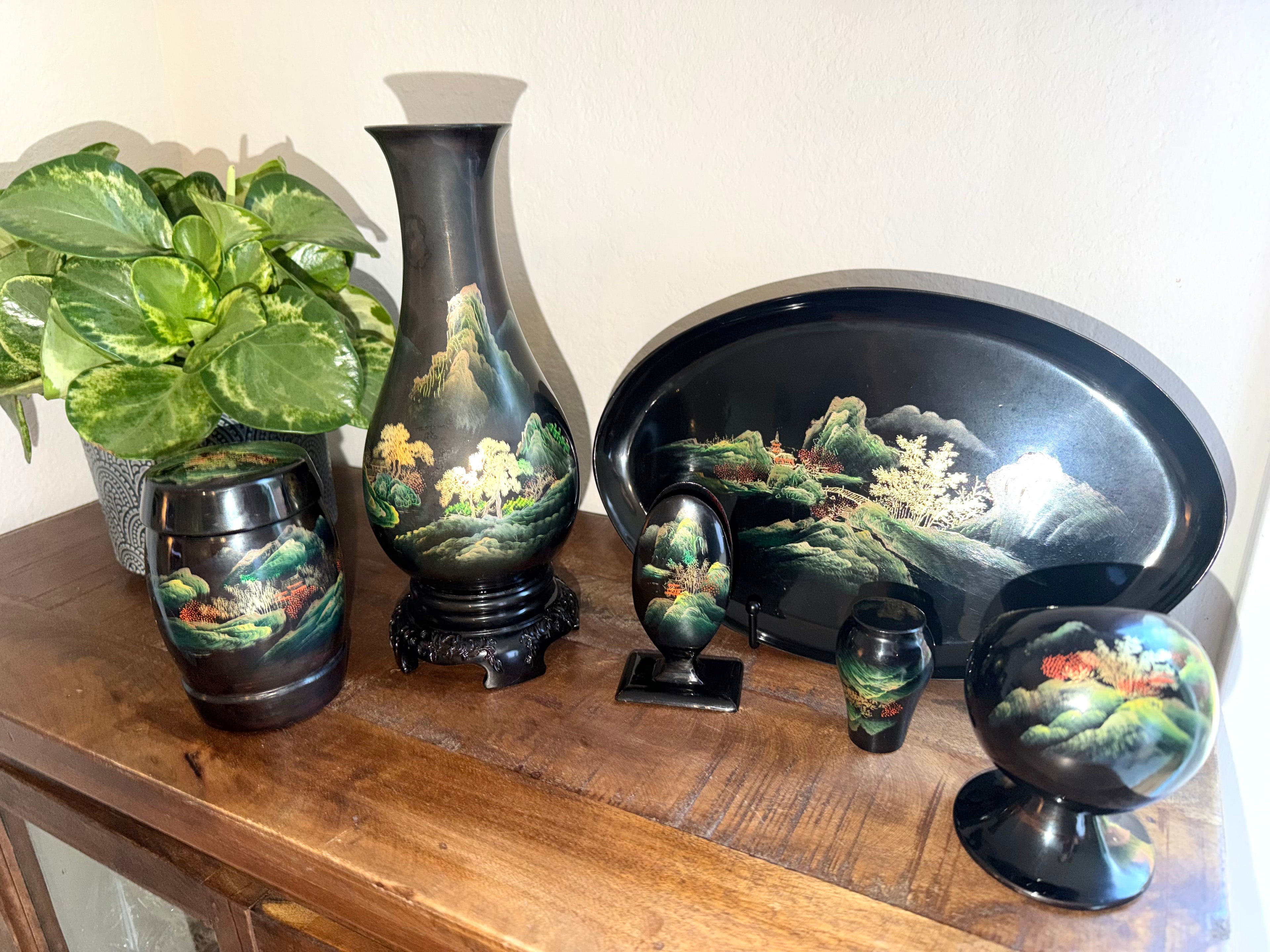 Chinese Black Lacquerware Set 7pc Fuzhou Shanshui Landscape Vase Tray Bowl Hand-Painted Export Decor 1960s–1980s