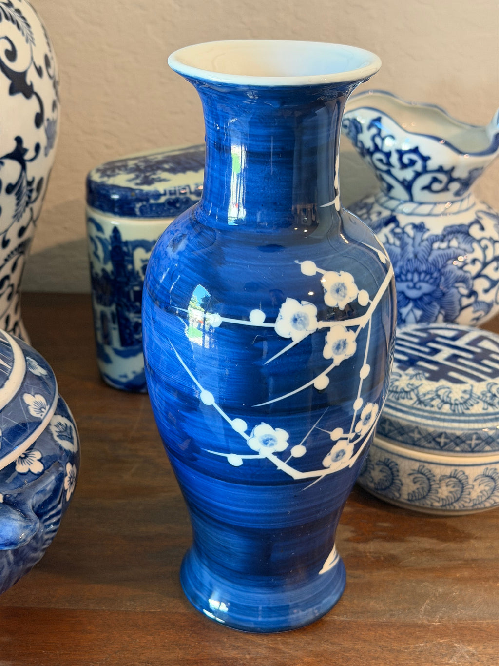 Chinese Blue & White Porcelain Vase — Prunus Blossom — Cobalt Cobalt Glazed — 10" — Mid-Century 