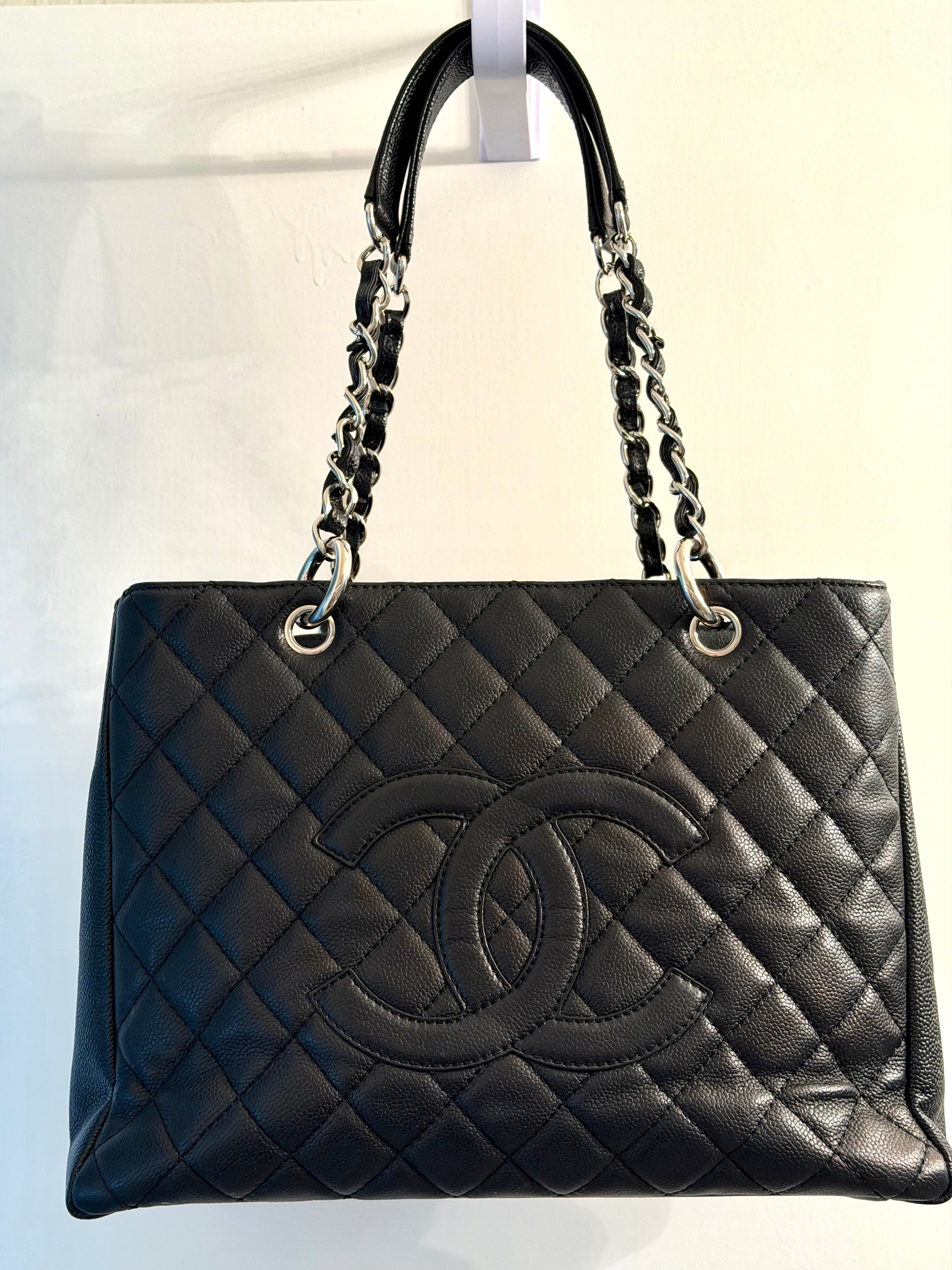 Authentic Chanel Grand Shopping Tote GST Black Caviar Leather Silver Hardware Made in Italy