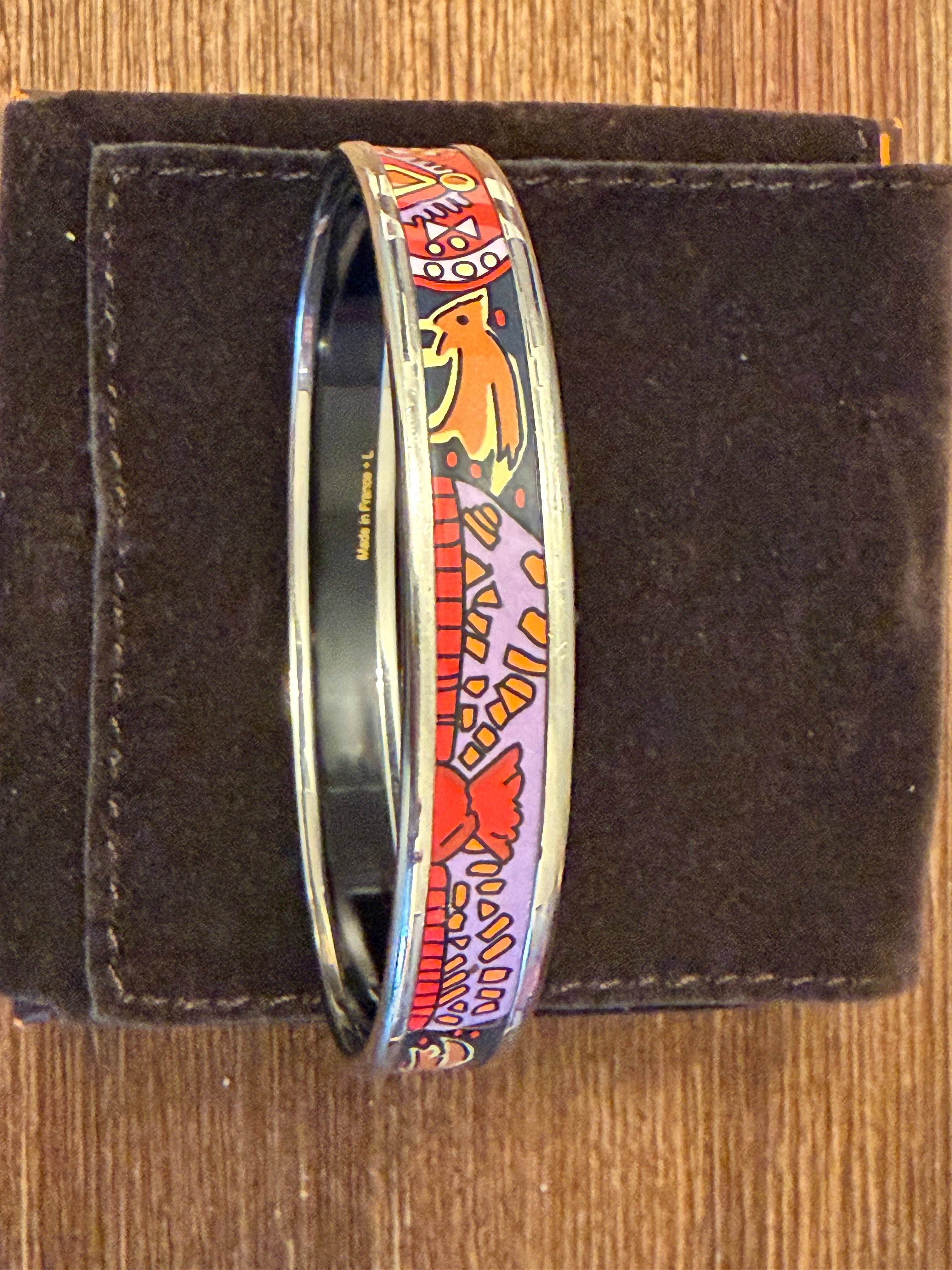 Hermès Enamel Bangle Bracelet Multicolor Equestrian Print Palladium Tone