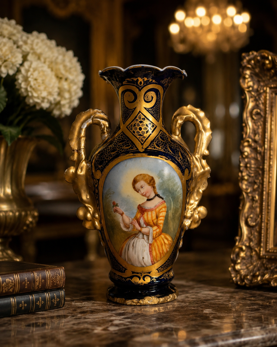 Cobalt Blue Porcelain Vase – Hand Painted Gilt Portrait Urn 12 Inch