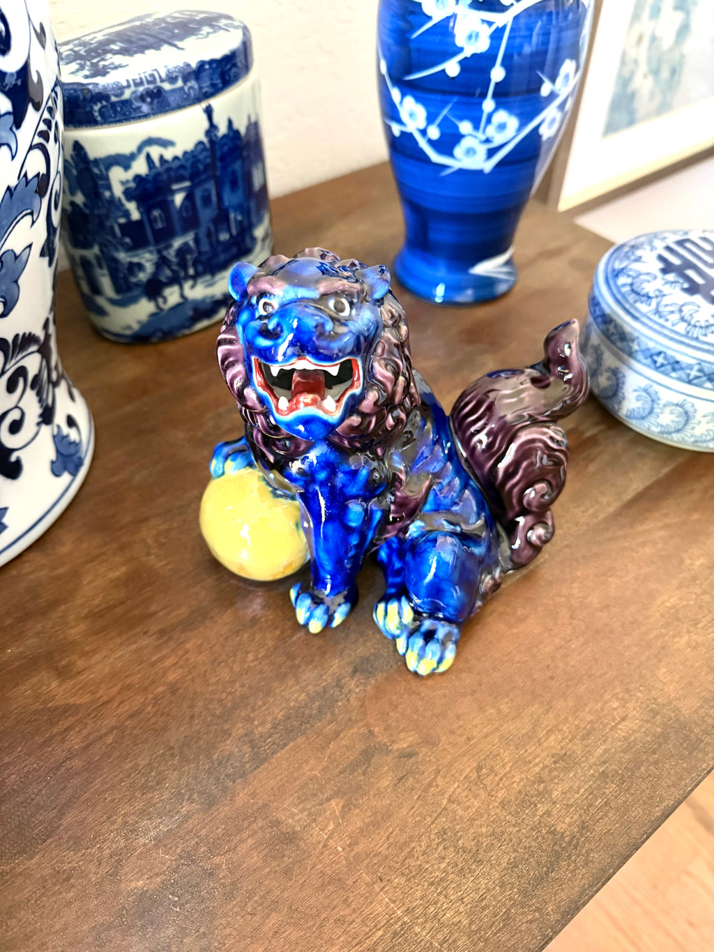 Chinese Foo Dog Guardian Lion Figurine Blue Flambe Glaze Ceramic Statue Lucky Orb Vintage