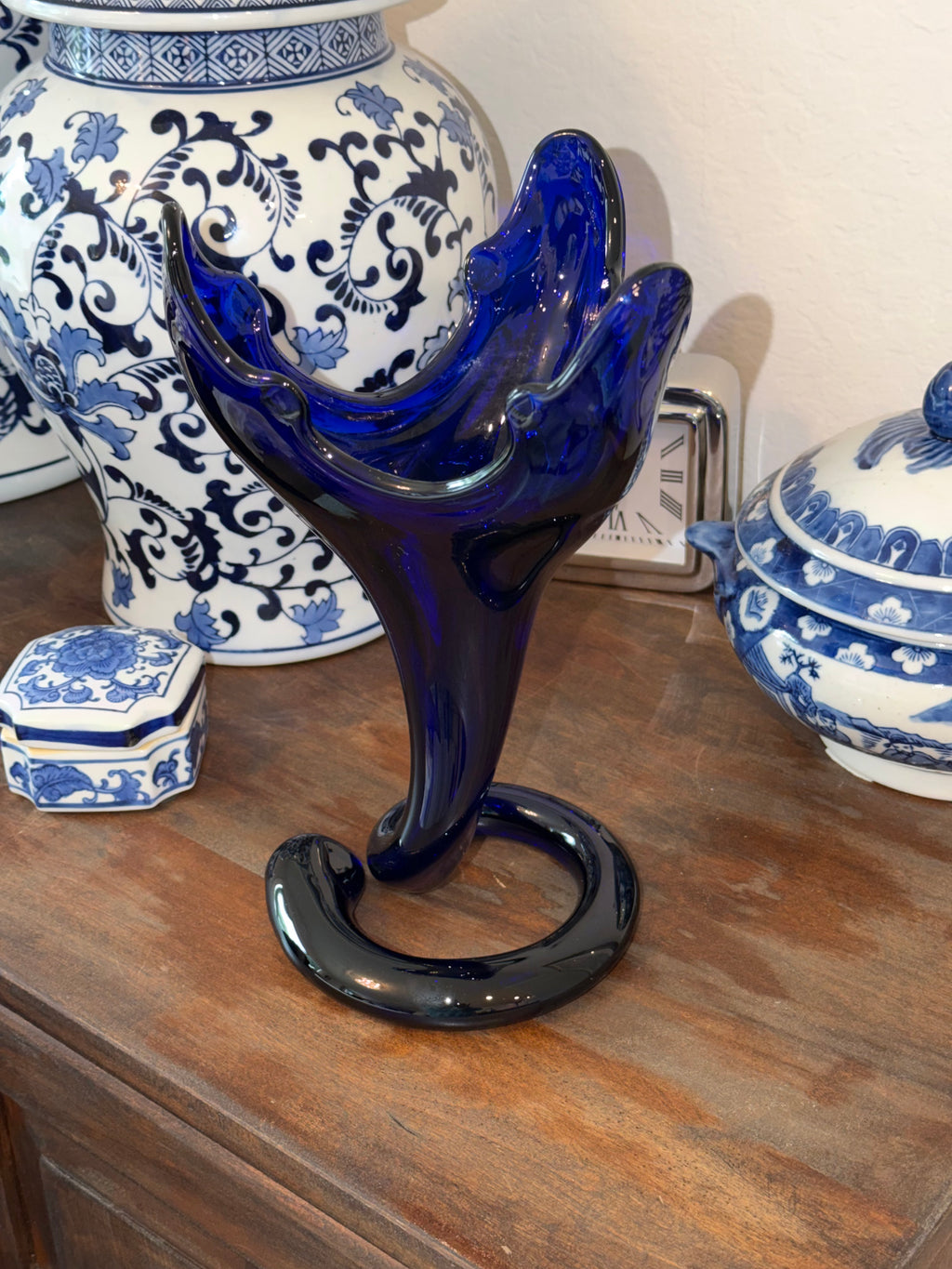 Cobalt Blue Art Glass Freeform Vase Sculpture 13” Hand Blown Modern Decor