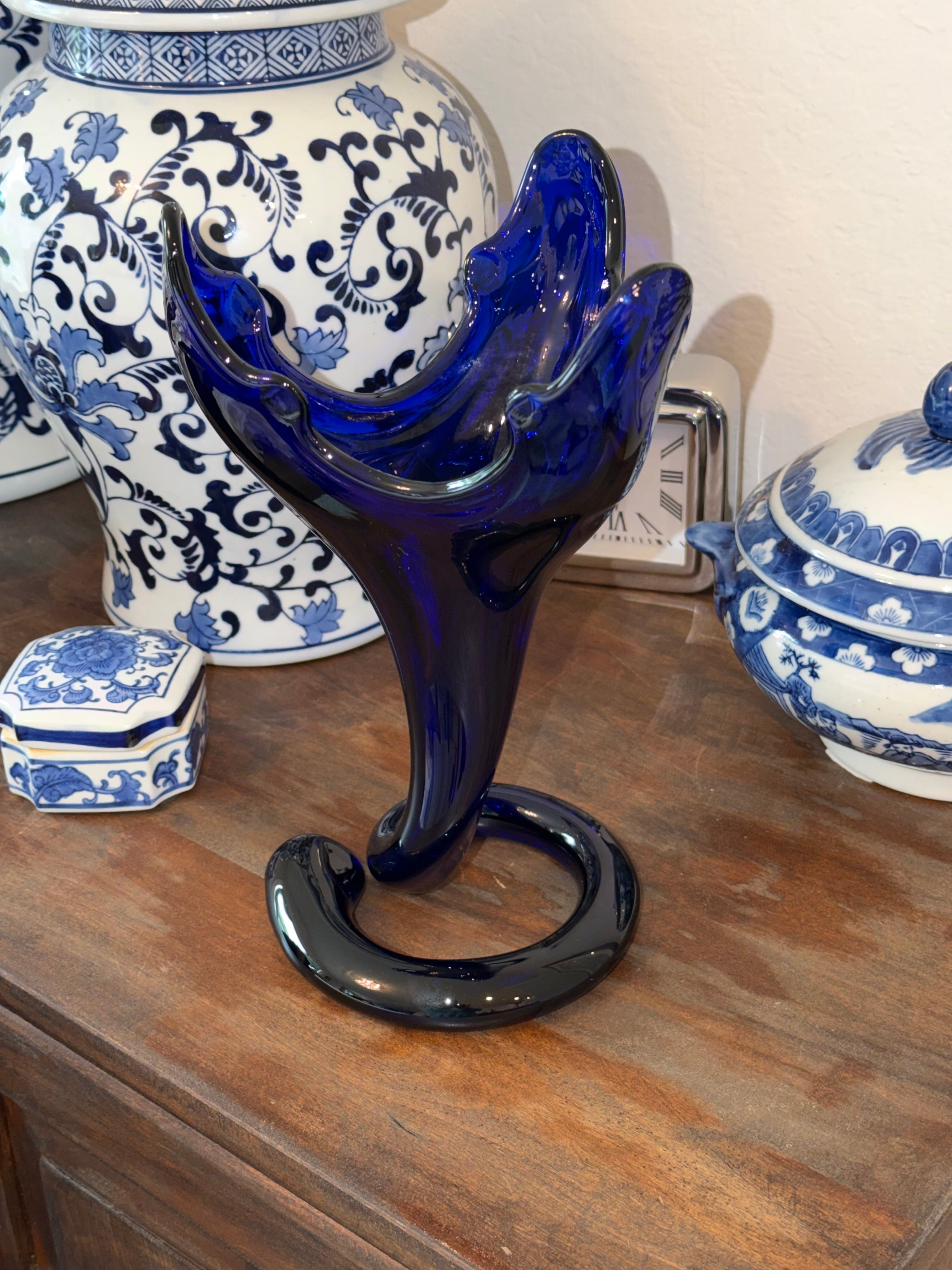 Cobalt Blue Art Glass Freeform Vase Sculpture 13” Hand Blown Modern Decor