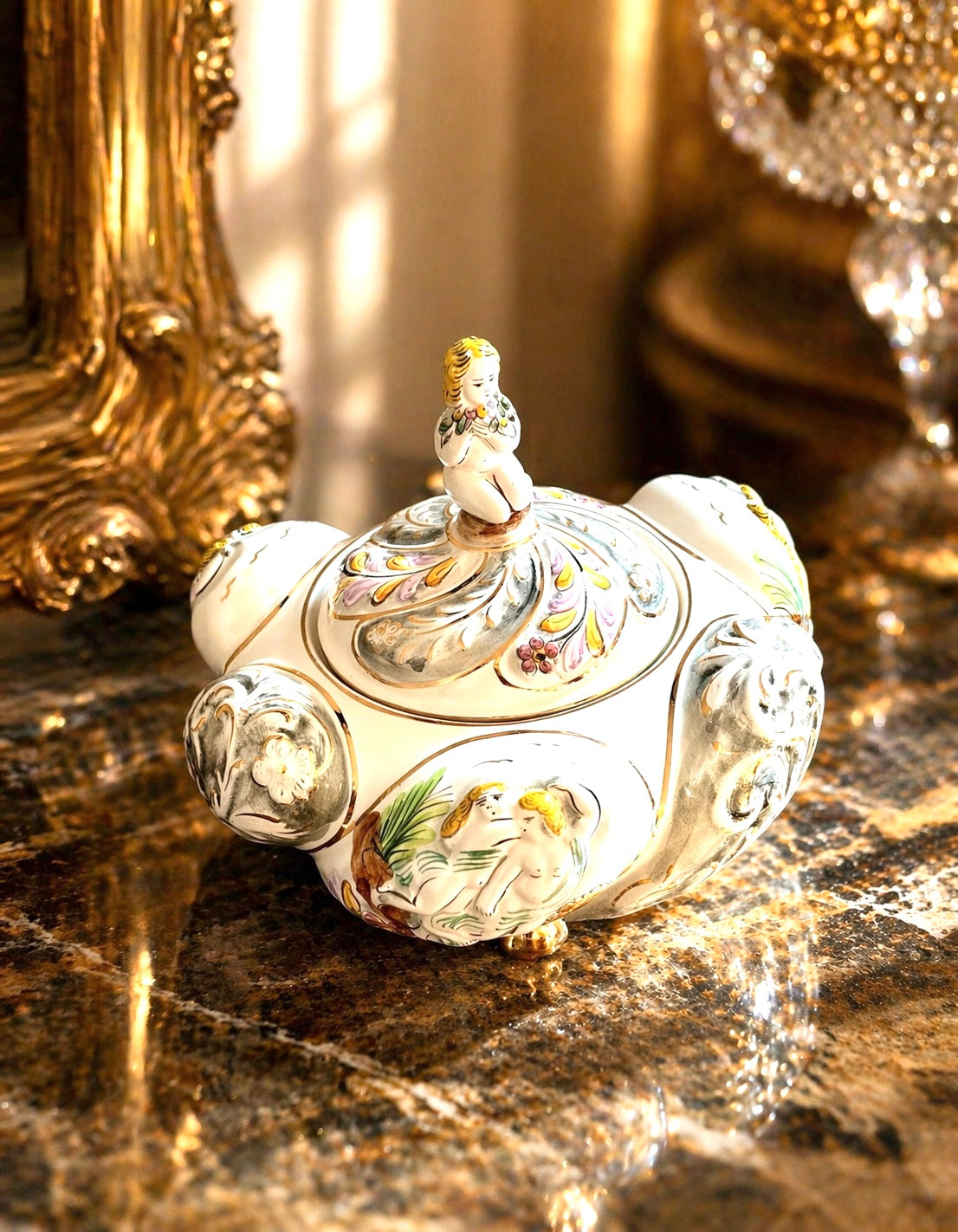 A. Albaca Portuguese Porcelain Trinket Box: Hand-Painted Cherub Figural Vanity Jar
