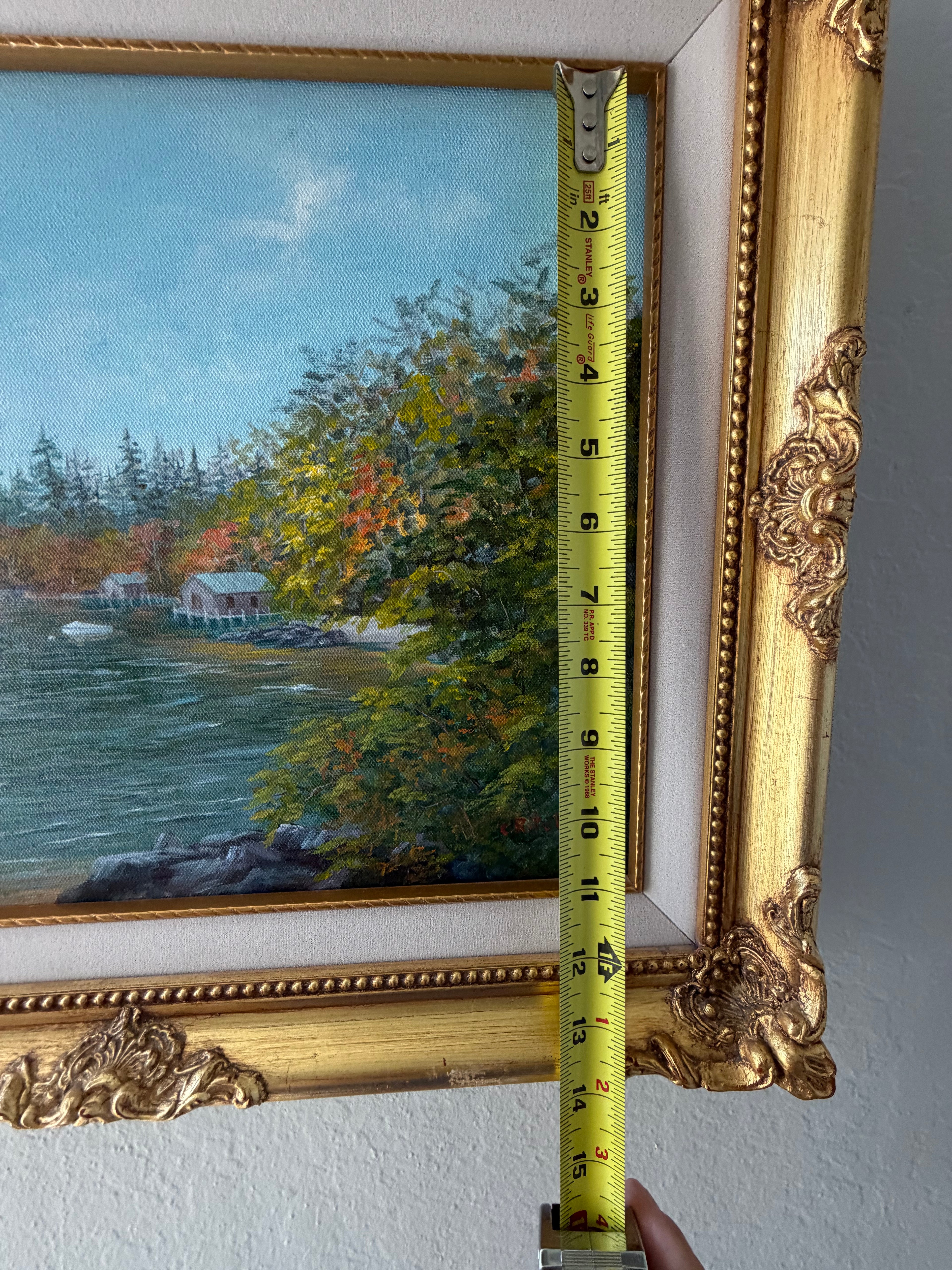 Signed Original Oil Painting — Autumn Lakeside Landscape by C. Ritchie — Ornate Gold Gilt Frame Vintage