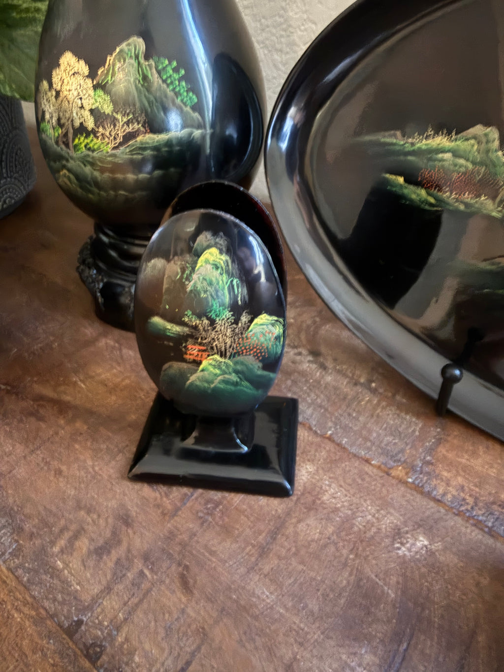 Chinese Black Lacquerware Set 7pc Fuzhou Shanshui Landscape Vase Tray Bowl Hand-Painted Export Decor 1960s–1980s