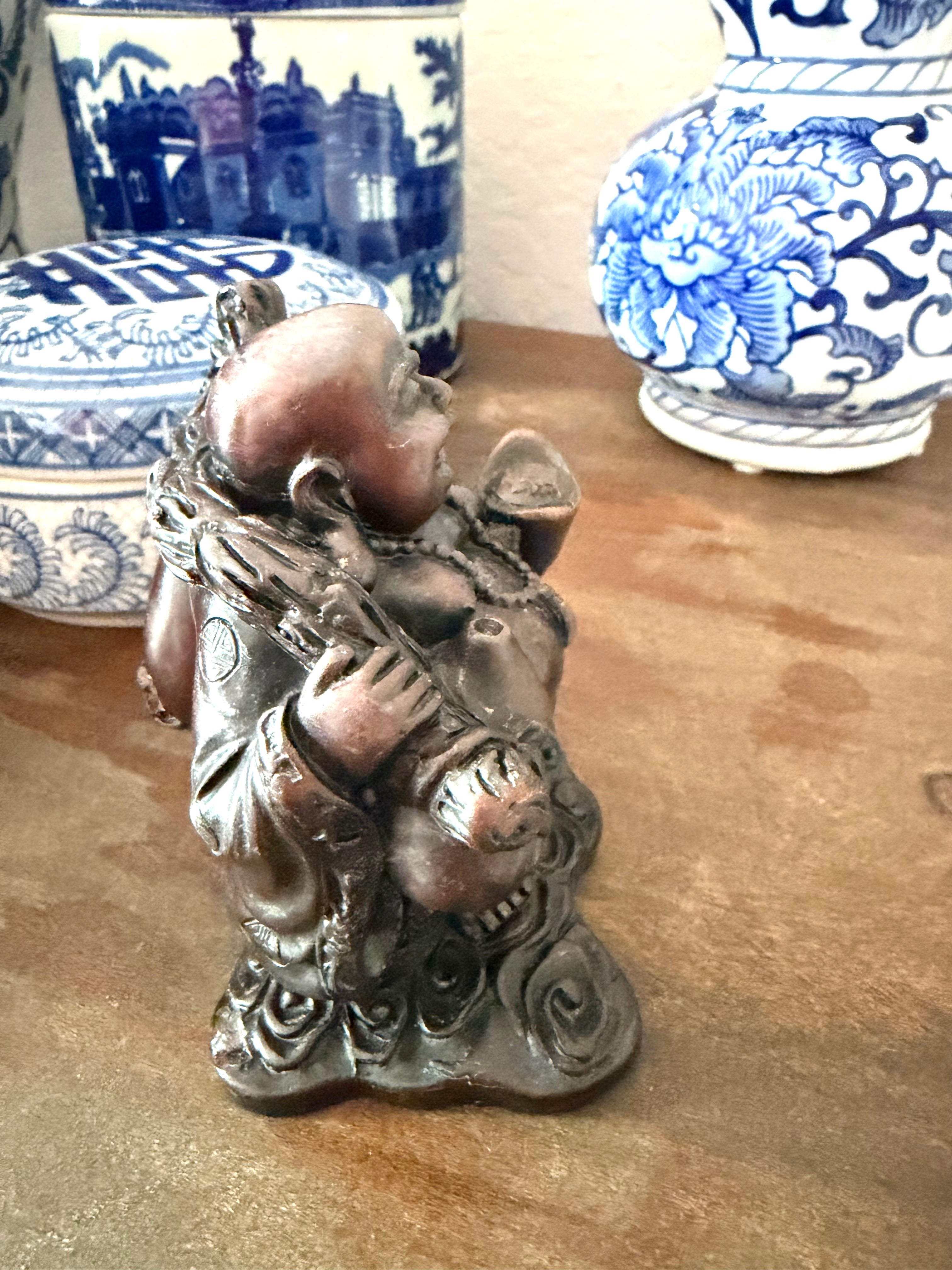 Happy Buddha Figurine Dark Wood Resin Carved Laughing Buddha Good Luck Feng Shui Vintage