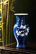 Chinese Blue & White Porcelain Vase — Prunus Blossom — Cobalt Cobalt Glazed — 10" — Mid-Century 