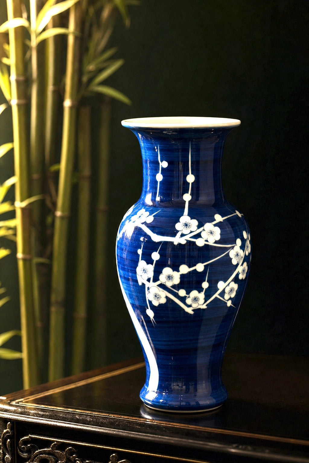 Chinese Blue & White Porcelain Vase — Prunus Blossom — Cobalt Cobalt Glazed — 10" — Mid-Century 