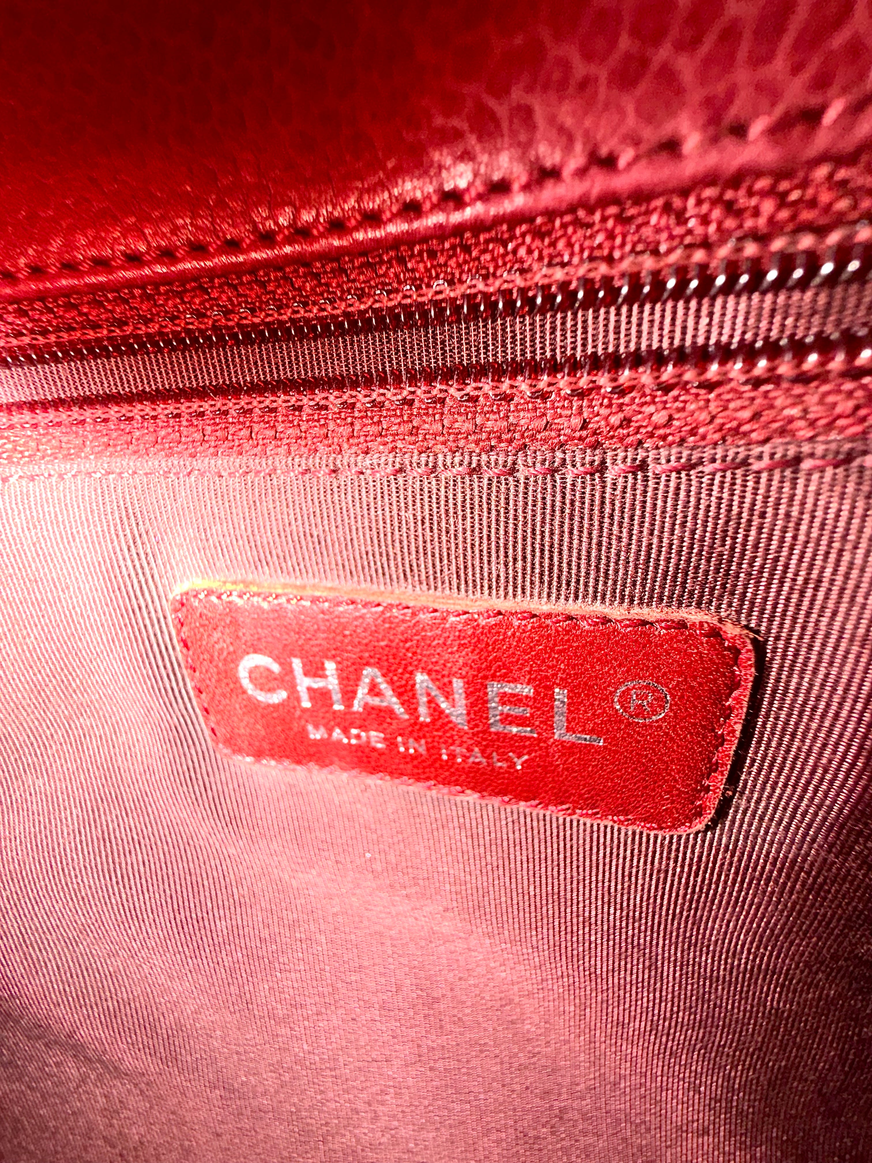 Chanel Red Quilted Caviar Leather Tote Bag with Chain Handles, Made in Italy