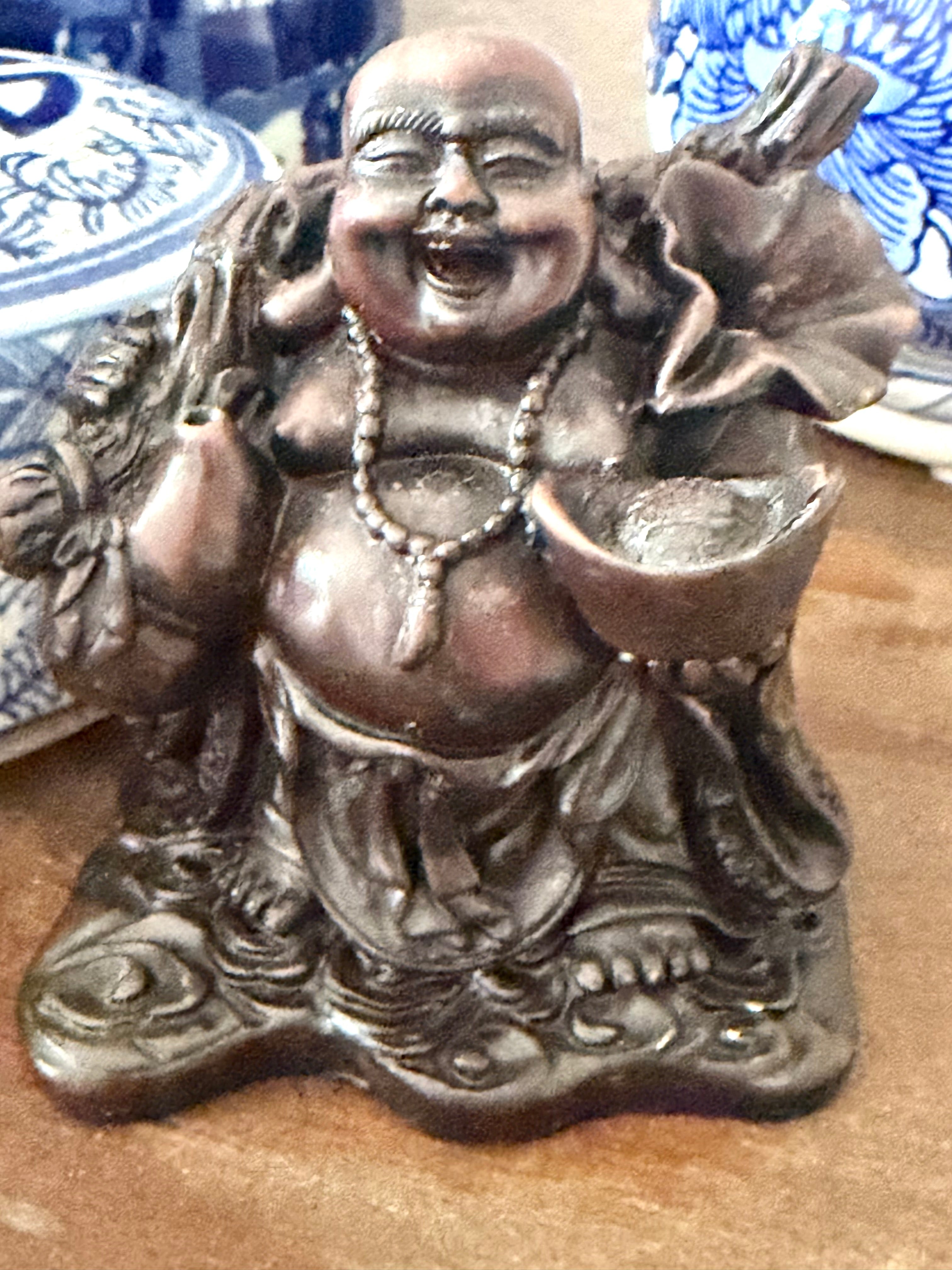 Happy Buddha Figurine Dark Wood Resin Carved Laughing Buddha Good Luck Feng Shui Vintage