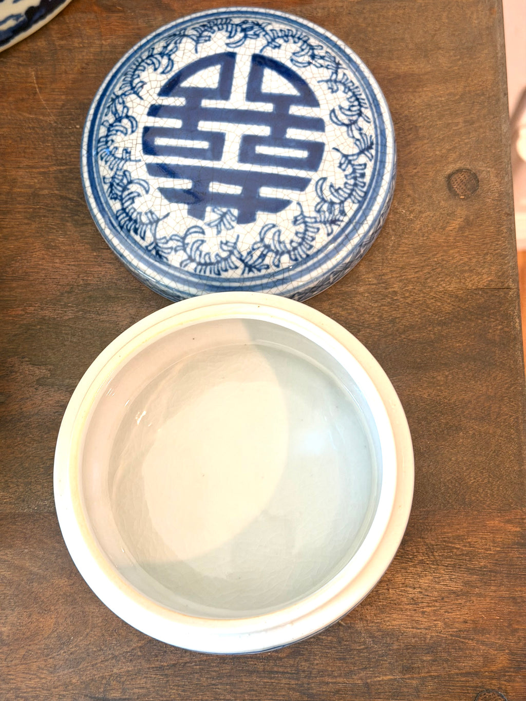 Blue White Chinoiserie Trinket Box Crackle Glaze Porcelain Keepsake Box Asian Longevity Symbol Decor