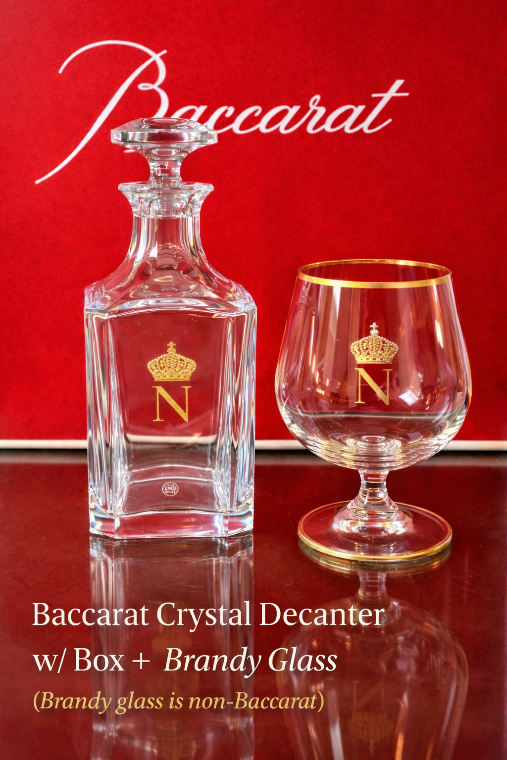 Baccarat Crystal Decanter w/ Monogram & Crown + Baccarat Box + Brandy with Box