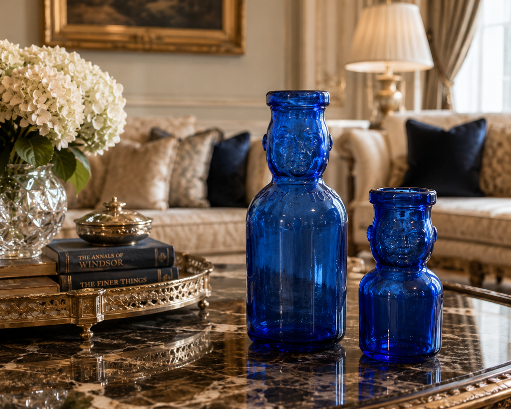 Cobalt Blue Baby Bottle Pair – Figural Glass Nursery Bottles – Depression Era Style Milk Bottles – Oakland & Laskey Dairy Advertising Glass