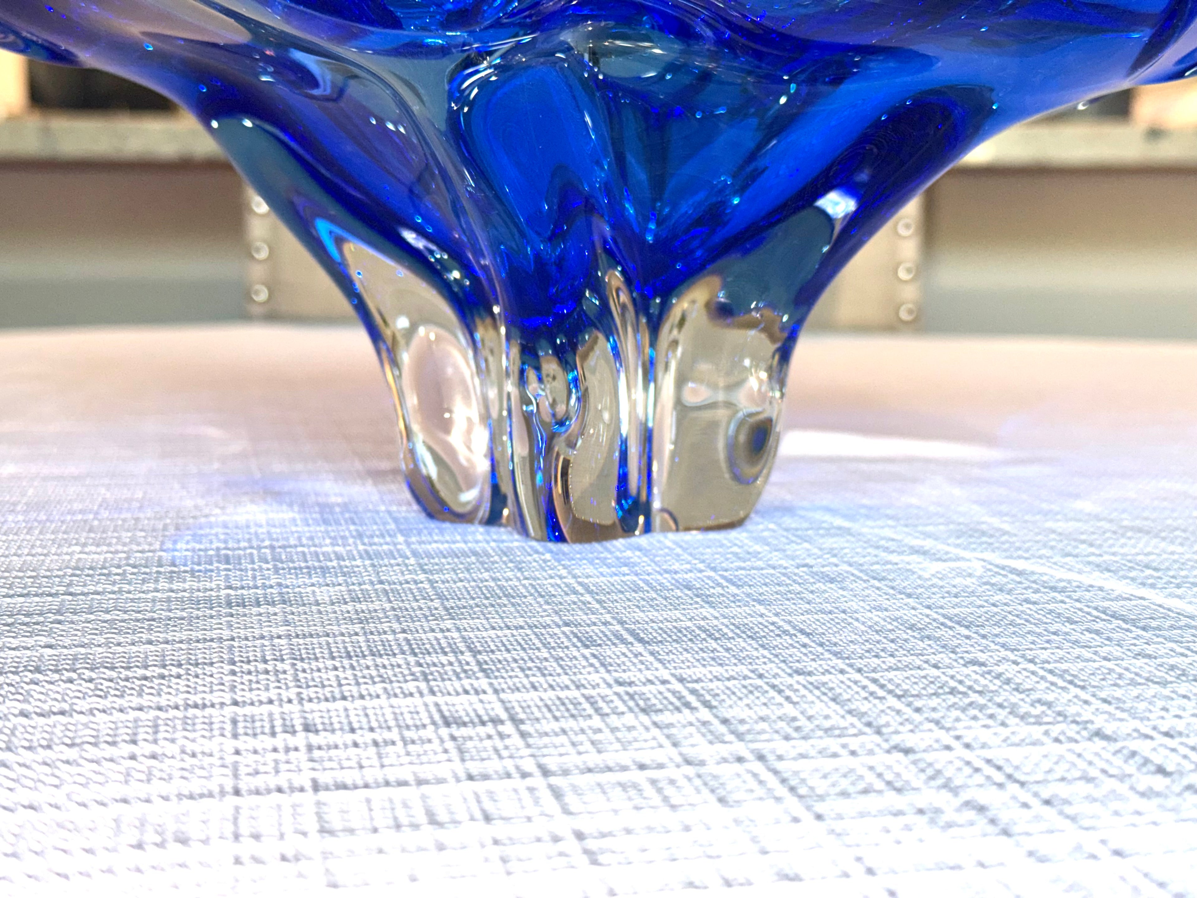 Italian Murano Style Cobalt Blue Freeform Art Glass Centerpiece Bowl, 14” Vintage