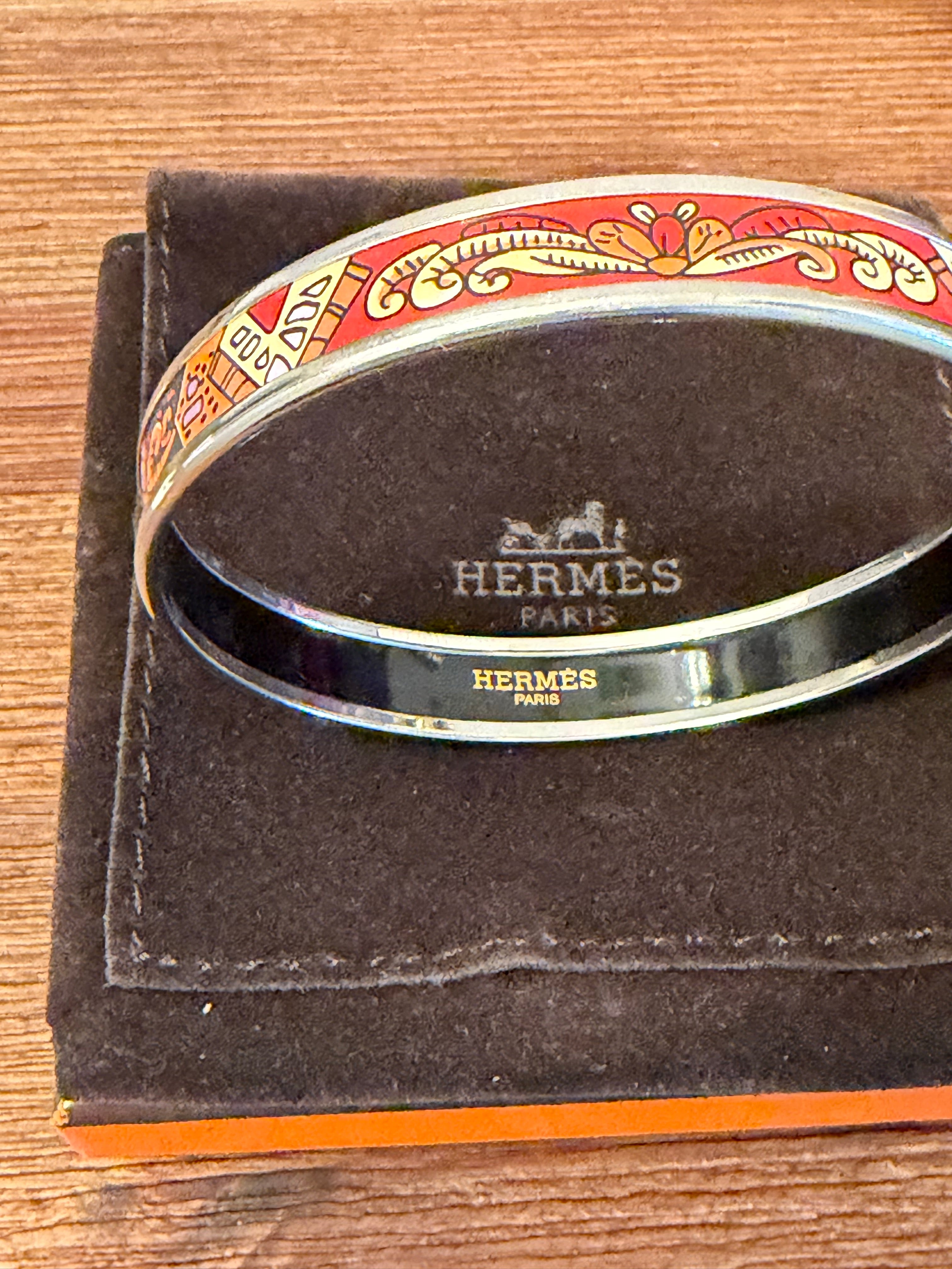 Hermès Enamel Bangle Bracelet Multicolor Equestrian Print Palladium Tone