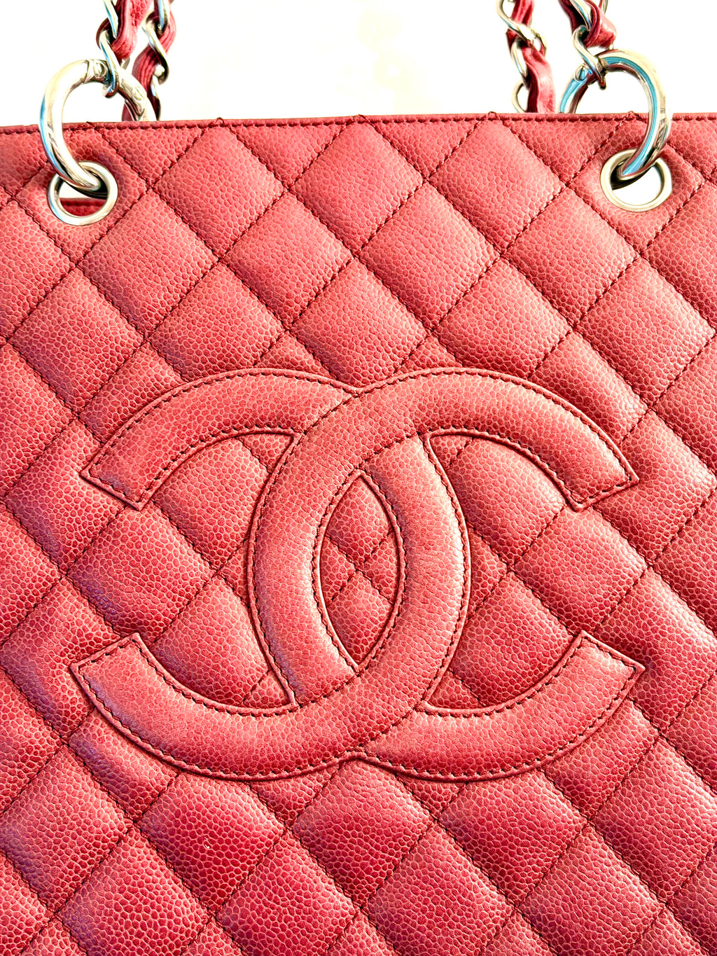 Chanel Red Quilted Caviar Leather Tote Bag with Chain Handles, Made in Italy