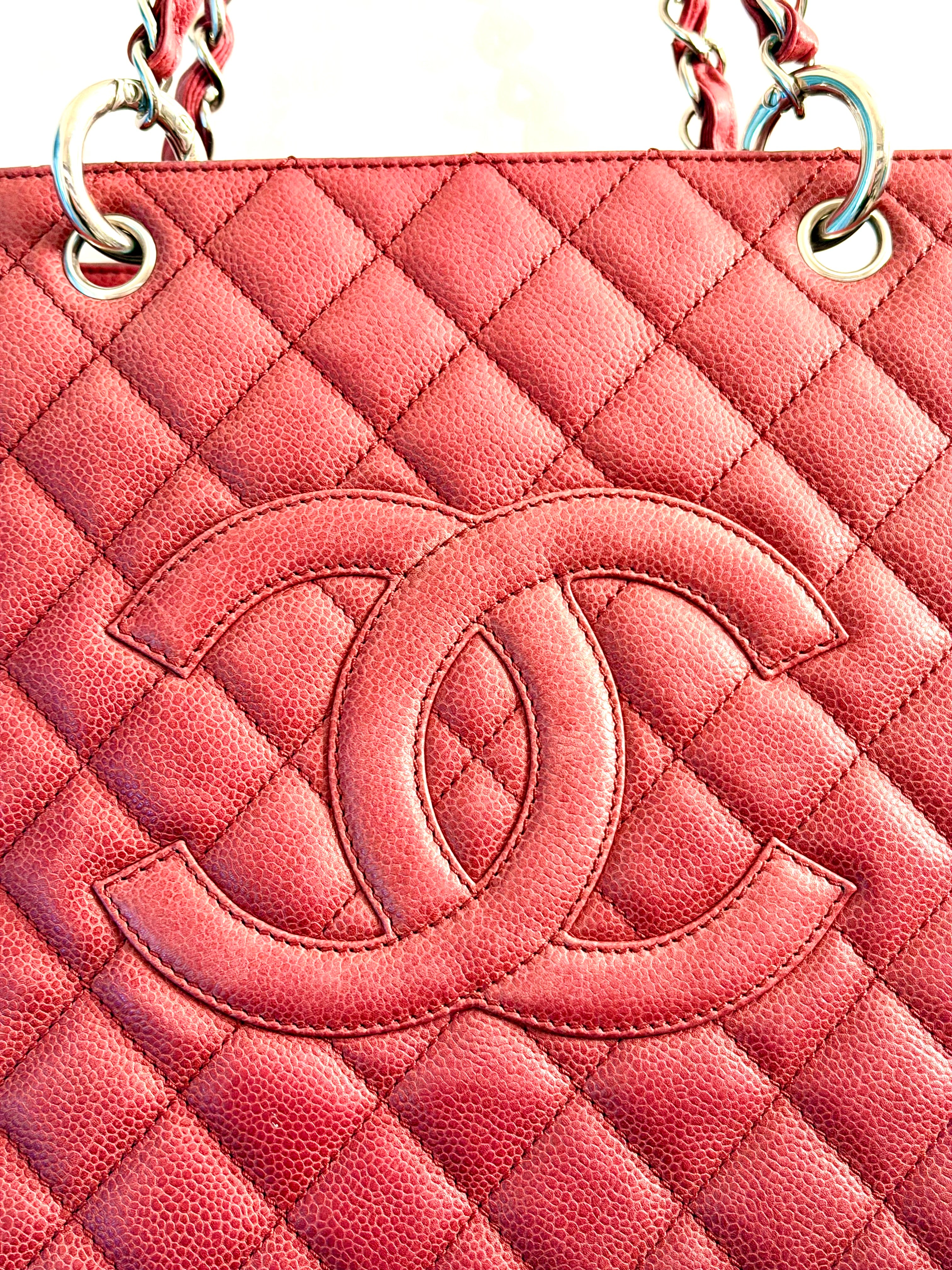 Chanel Red Quilted Caviar Leather Tote Bag with Chain Handles, Made in Italy