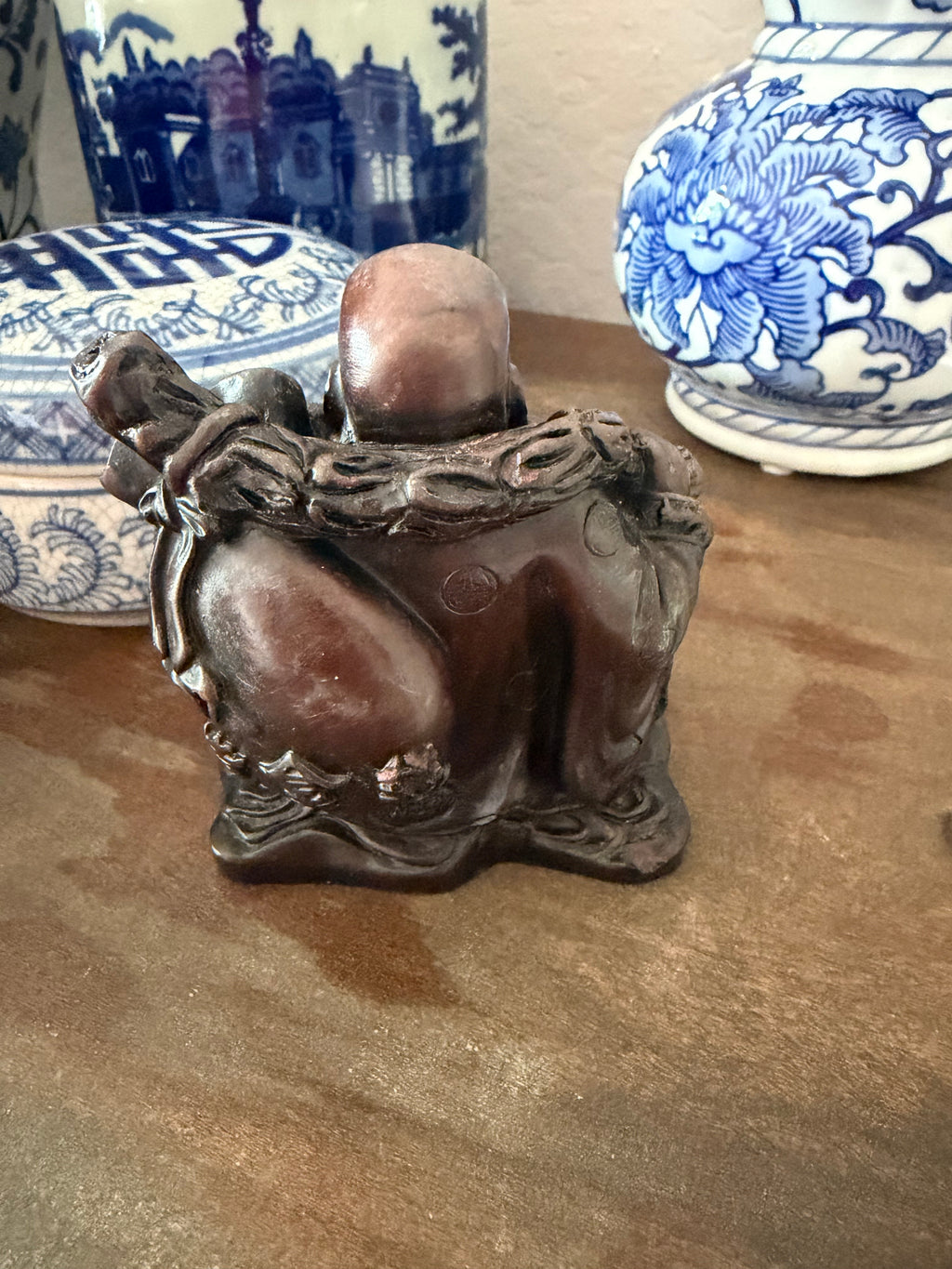 Happy Buddha Figurine Dark Wood Resin Carved Laughing Buddha Good Luck Feng Shui Vintage